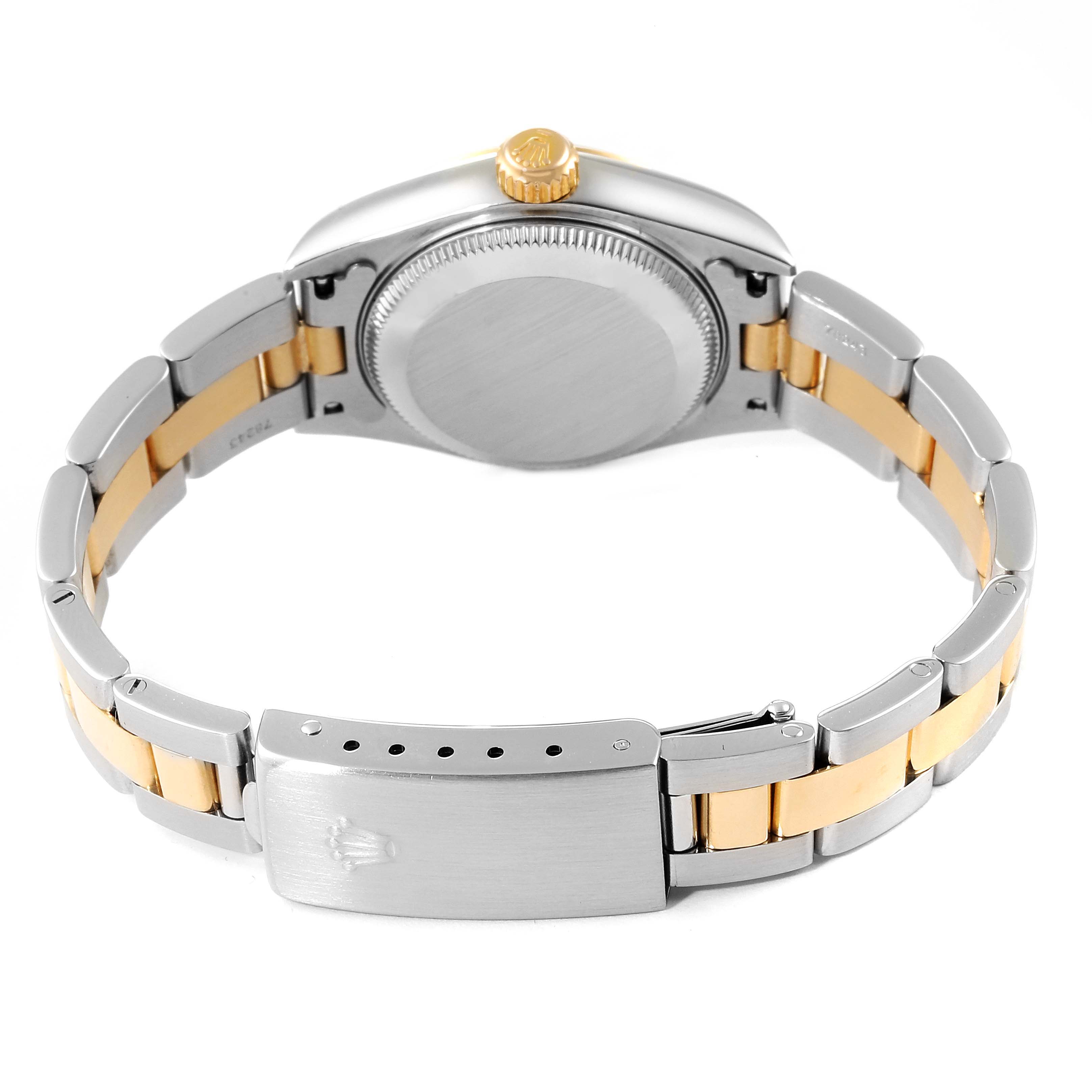 The image shows the back view of a Rolex Datejust 79163 Women
s Steel and Gold (two tone) Mother of Pearl Dial 79163 Women
s Steel and Gold (two tone) Mother of Pearl Dial watch, displaying the bracelet, clasp, case back, and crown.