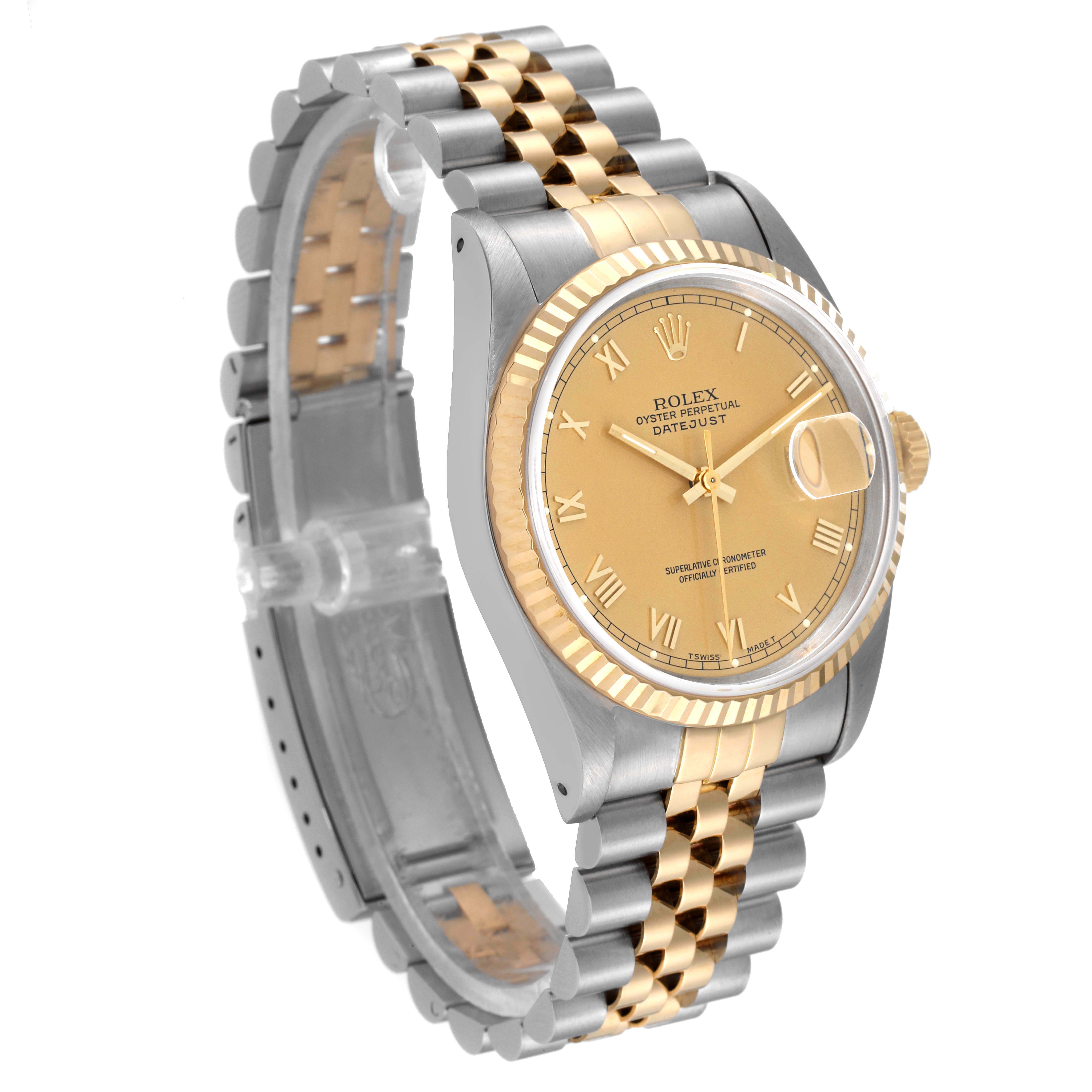 The Rolex Datejust 16233 Men's Steel and Gold (two tone) Champagne Dial 16233 Men's Steel and Gold (two tone) Champagne Dial watch is shown at an angle displaying the face, crown, and two-tone band.