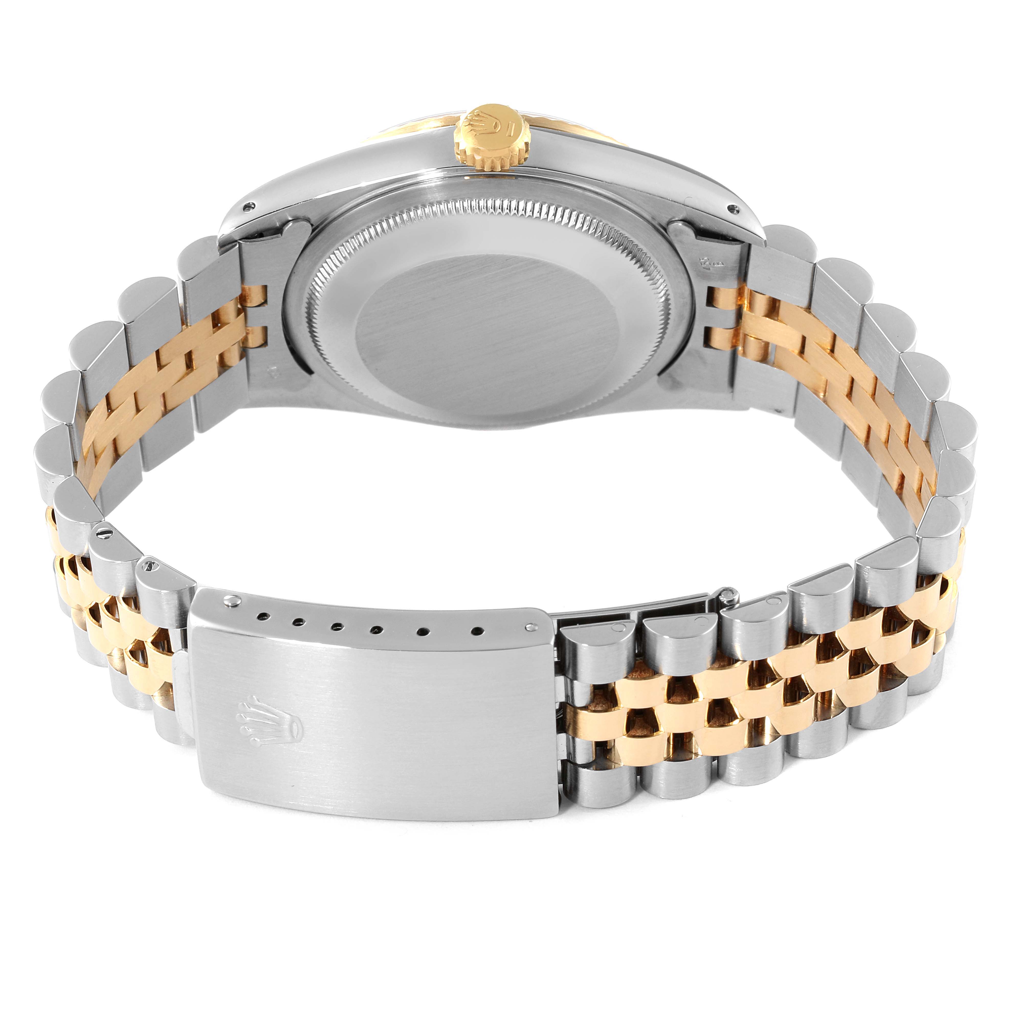 This image shows the back view of a Rolex Datejust 16233 Men's Steel and Gold (two tone) Champagne Dial 16233 Men's Steel and Gold (two tone) Champagne Dial watch, highlighting its two-tone bracelet and clasp.