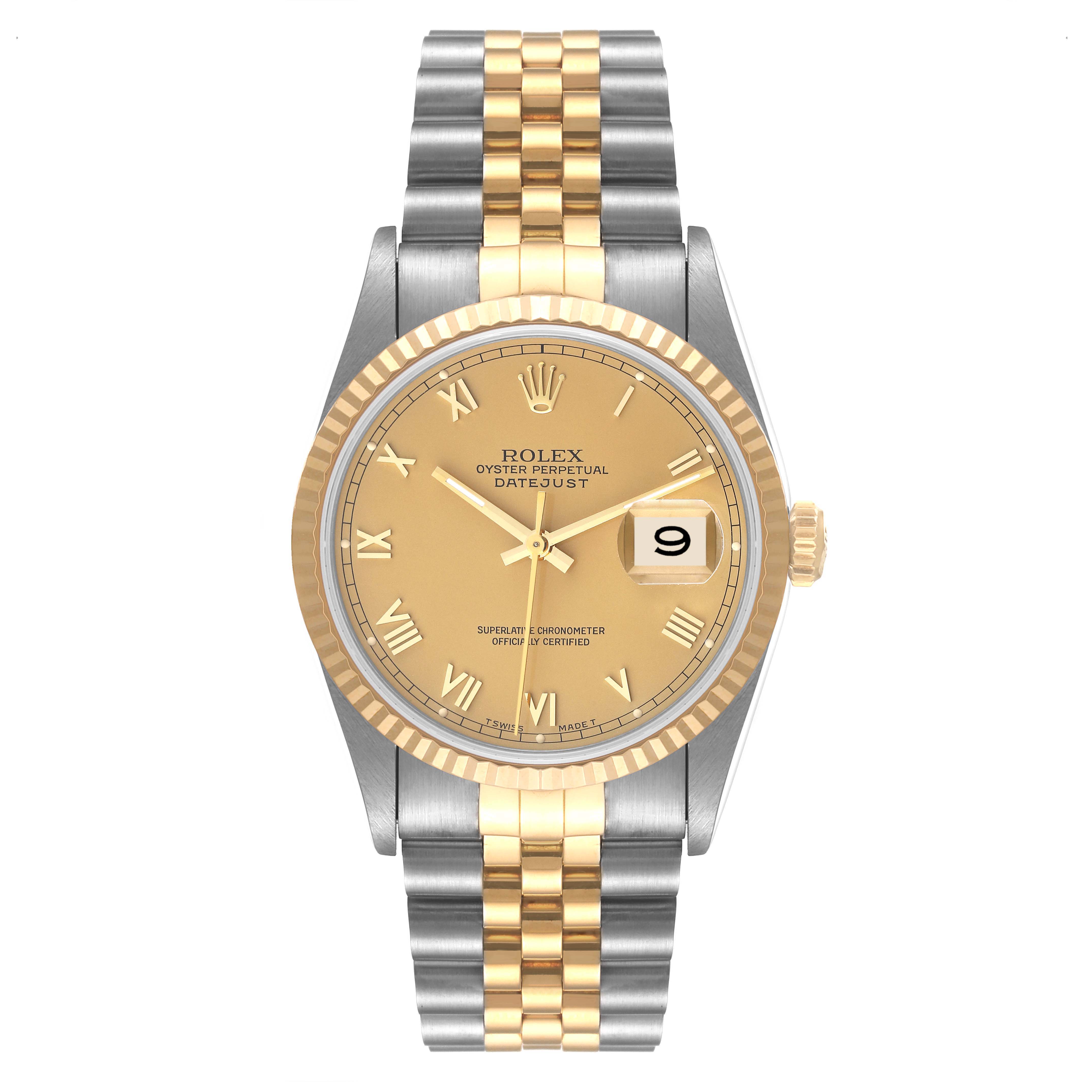 This Rolex Datejust 16233 Men's Steel and Gold (two tone) Champagne Dial 16233 Men's Steel and Gold (two tone) Champagne Dial watch is shown from a front angle, displaying its face, crown, and bracelet.