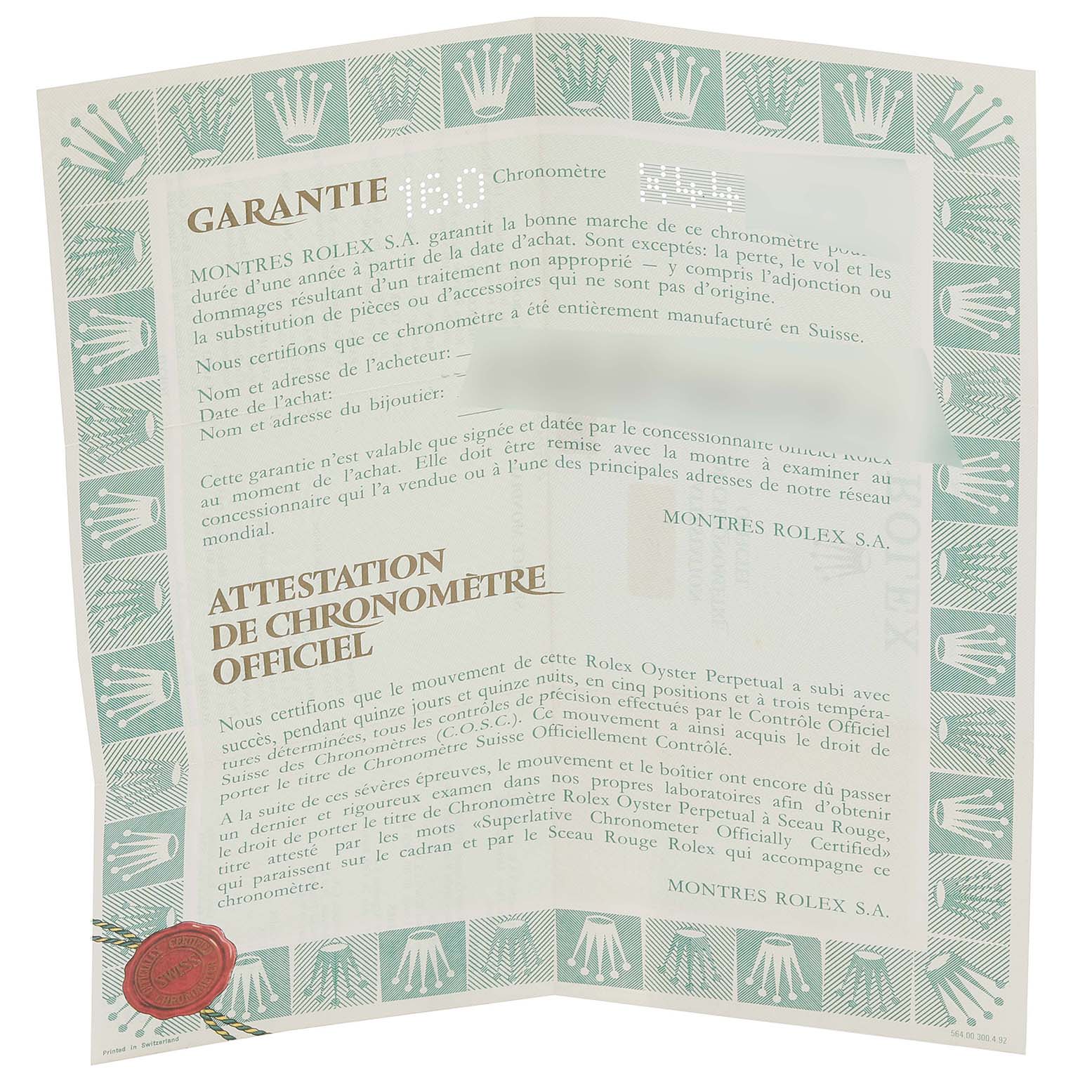 The image shows the warranty certificate and official chronometer certification for a Rolex Datejust 16233 Men's Steel and Gold (two tone) Champagne Dial 16233 Men's Steel and Gold (two tone) Champagne Dial watch.