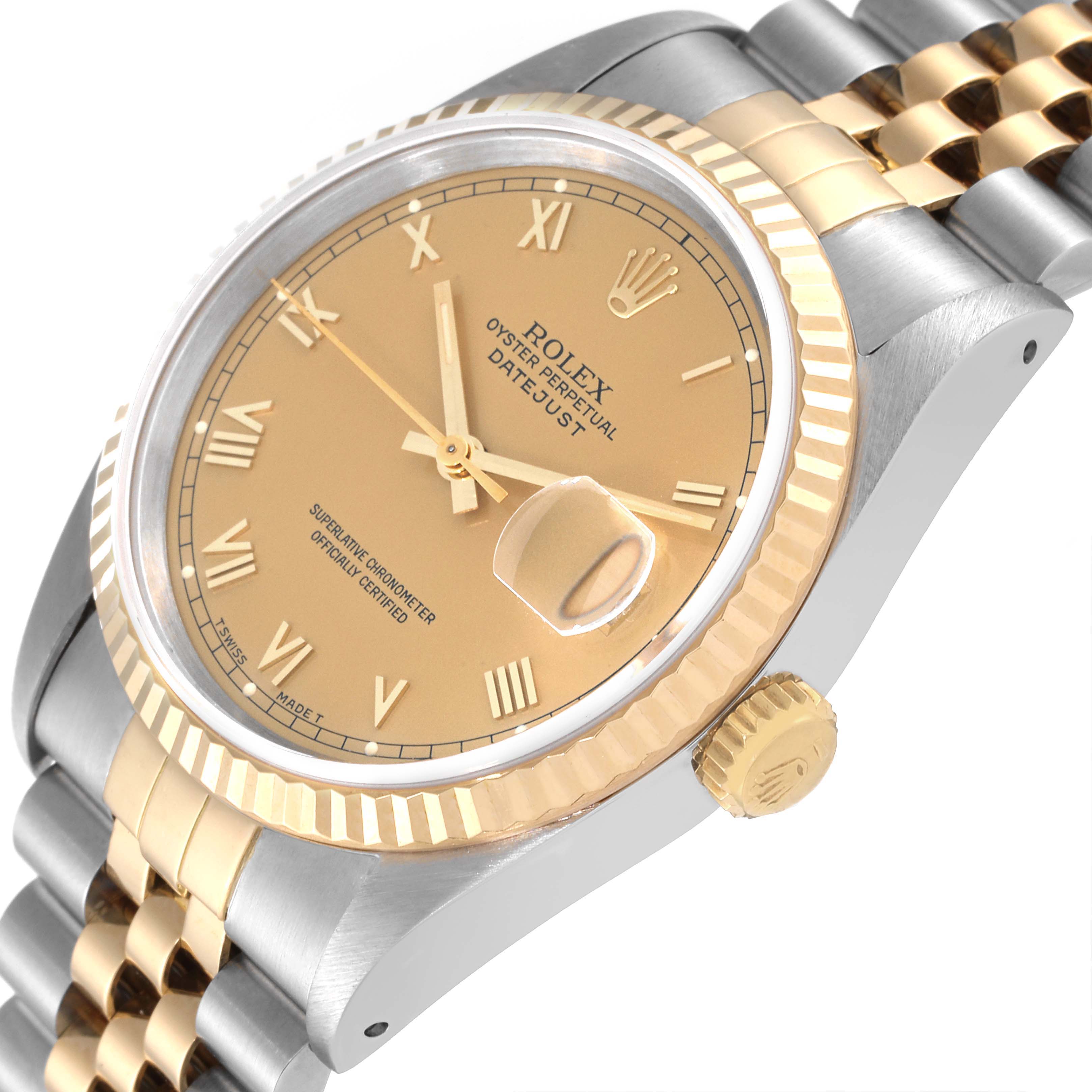 The image shows a close-up angled view of a Rolex Datejust 16233 Men's Steel and Gold (two tone) Champagne Dial 16233 Men's Steel and Gold (two tone) Champagne Dial watch, emphasizing the dial, bezel, and part of the bracelet.