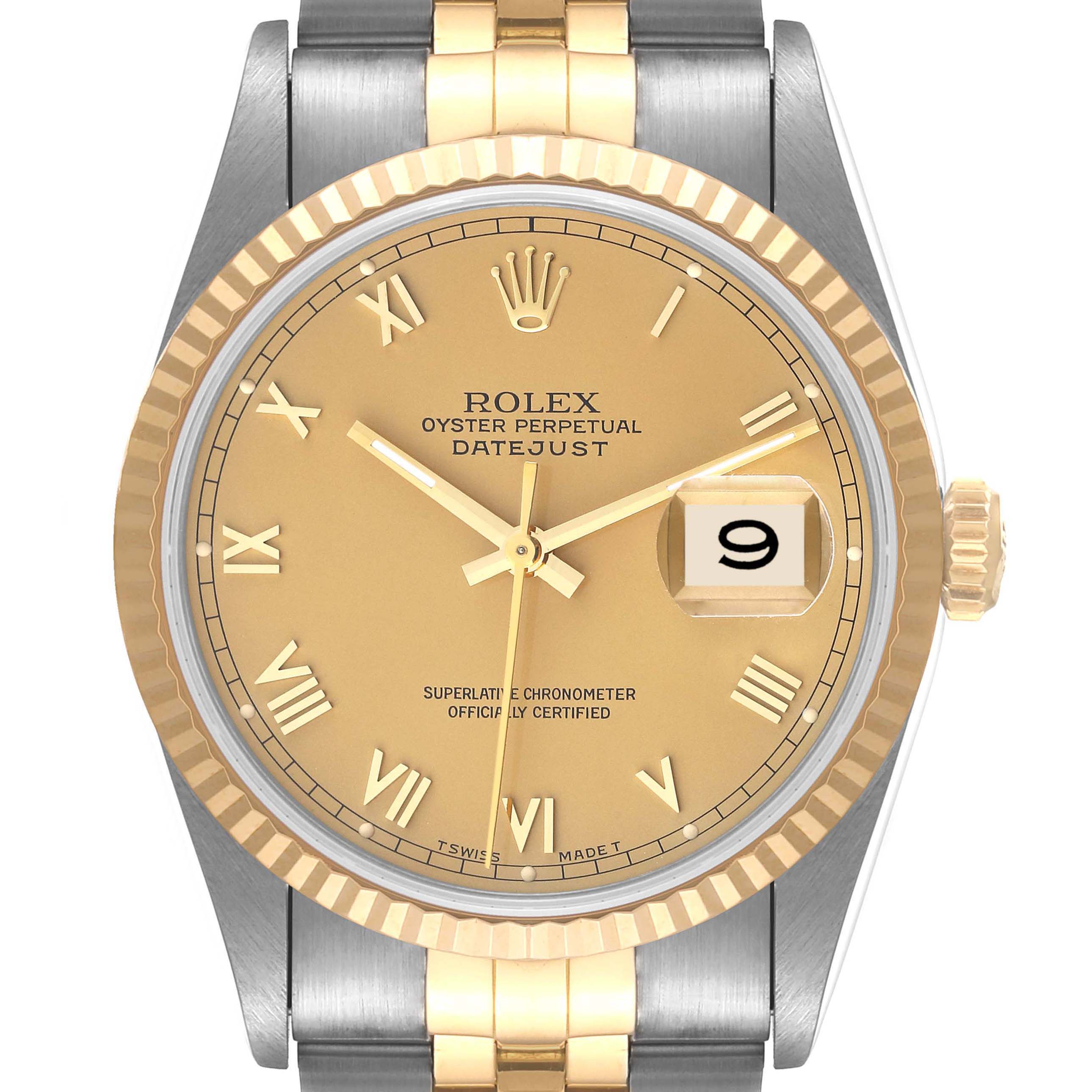 The image shows a front view of the Rolex Datejust 16233 Men's Steel and Gold (two tone) Champagne Dial 16233 Men's Steel and Gold (two tone) Champagne Dial watch, highlighting its dial, hands, date window, and bracelet.