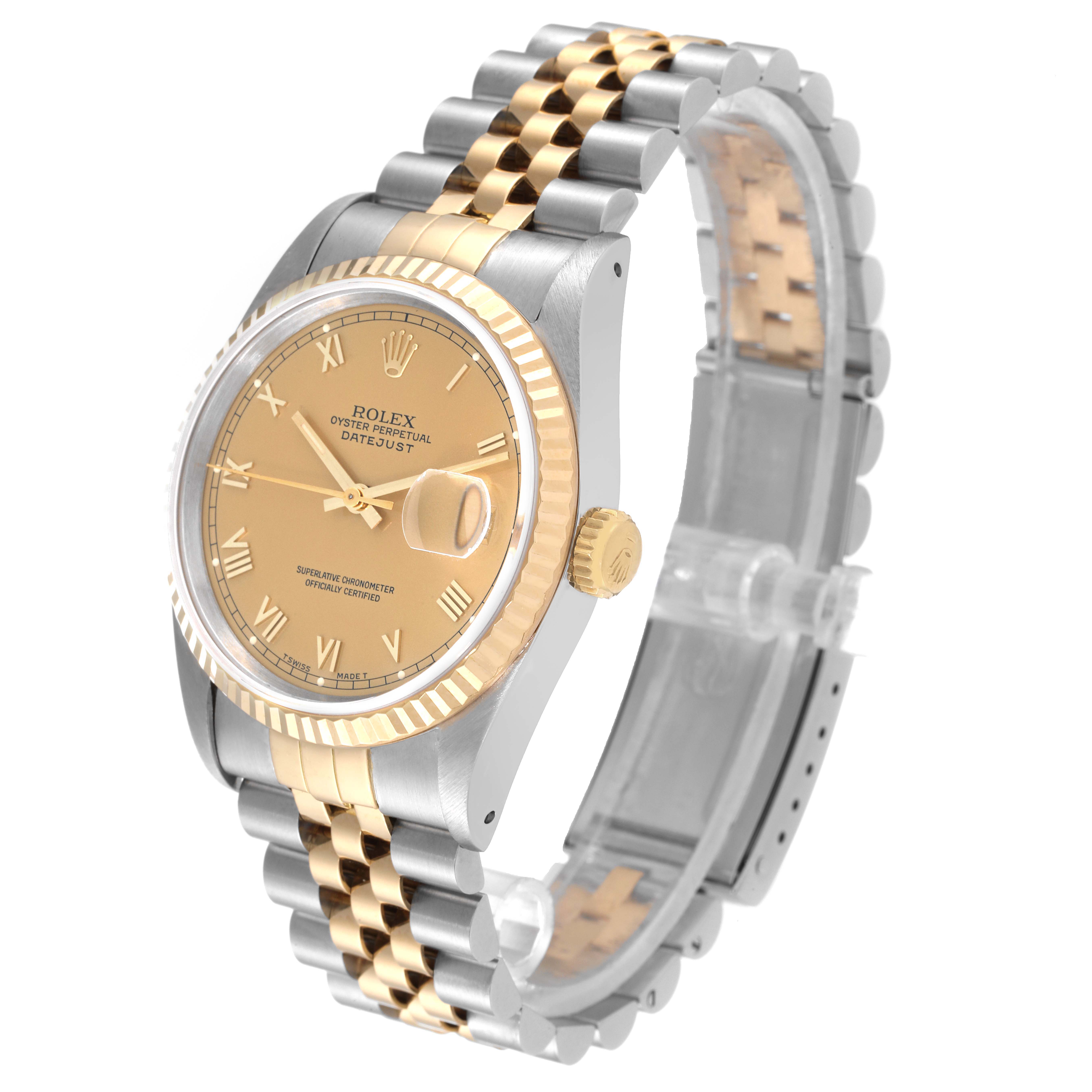 The image shows a side angle of a Rolex Datejust 16233 Men's Steel and Gold (two tone) Champagne Dial 16233 Men's Steel and Gold (two tone) Champagne Dial watch, highlighting its dial, bezel, crown, and two-tone Jubilee bracelet.