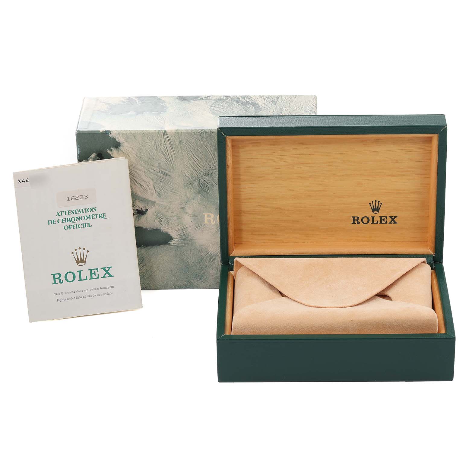 The image shows the packaging for a Rolex Datejust 16233 Men's Steel and Gold (two tone) Champagne Dial 16233 Men's Steel and Gold (two tone) Champagne Dial watch, including the box, sleeve, and authenticity booklet.