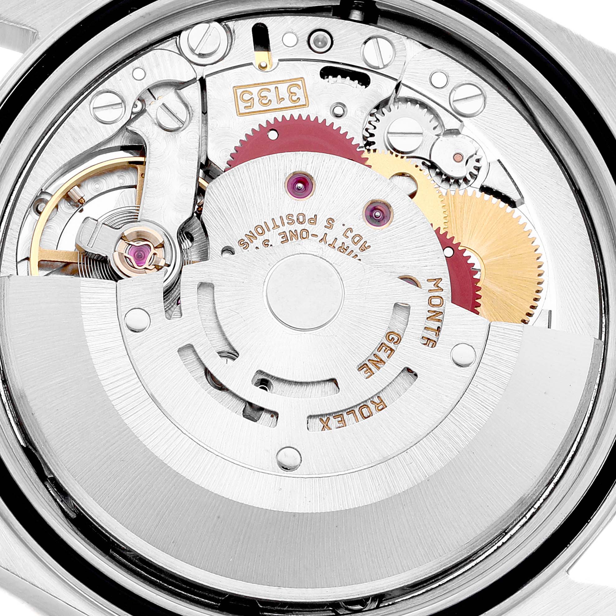 This image shows the movement and mechanism components of a Rolex Datejust 16233 Men's Steel and Gold (two tone) Champagne Dial 16233 Men's Steel and Gold (two tone) Champagne Dial watch from a back-angle view.