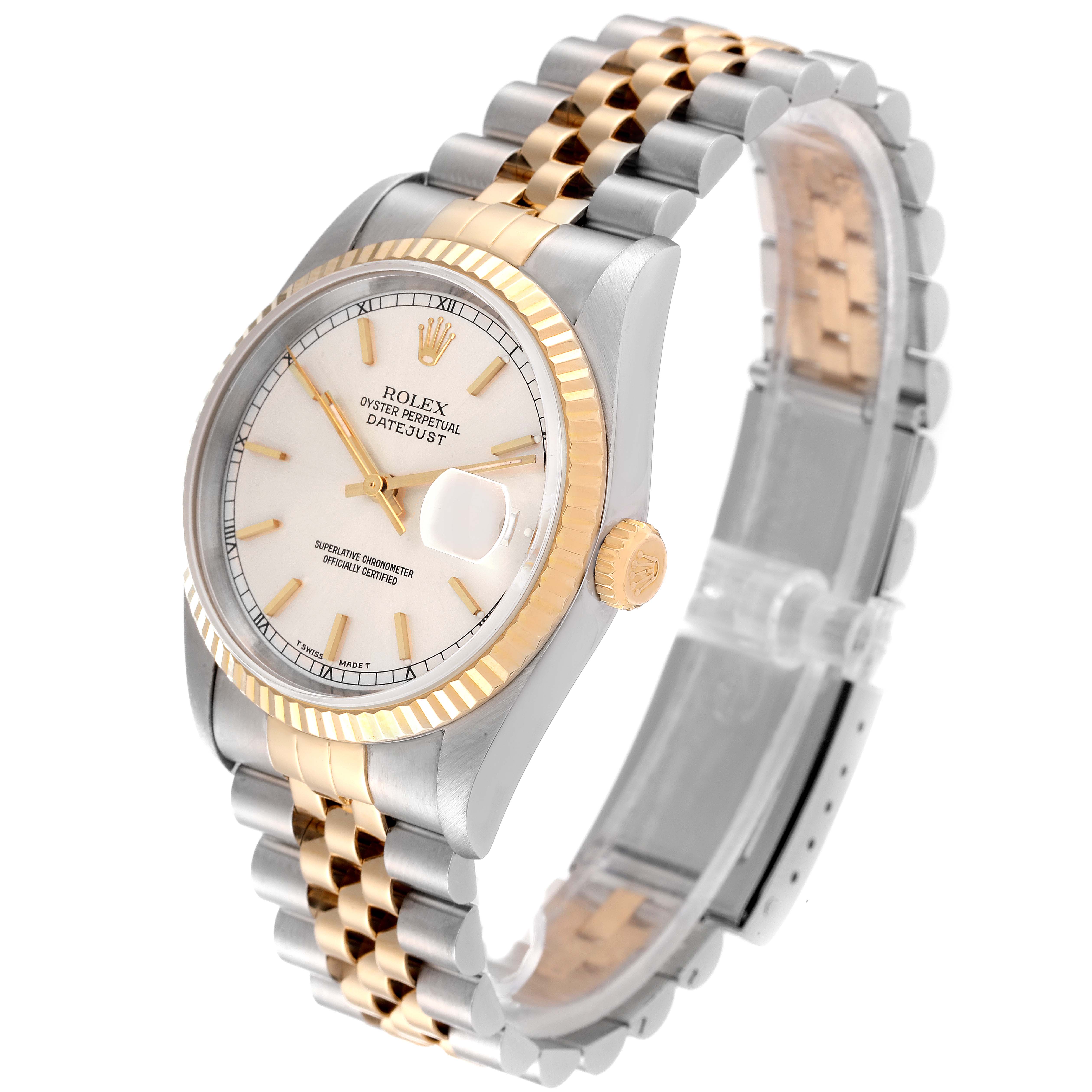 This image shows a Rolex Datejust 16233 Men's Steel and Gold (two tone) Silver Dial 16233 Men's Steel and Gold (two tone) Silver Dial watch angled to display its face, crown, and Jubilee bracelet.