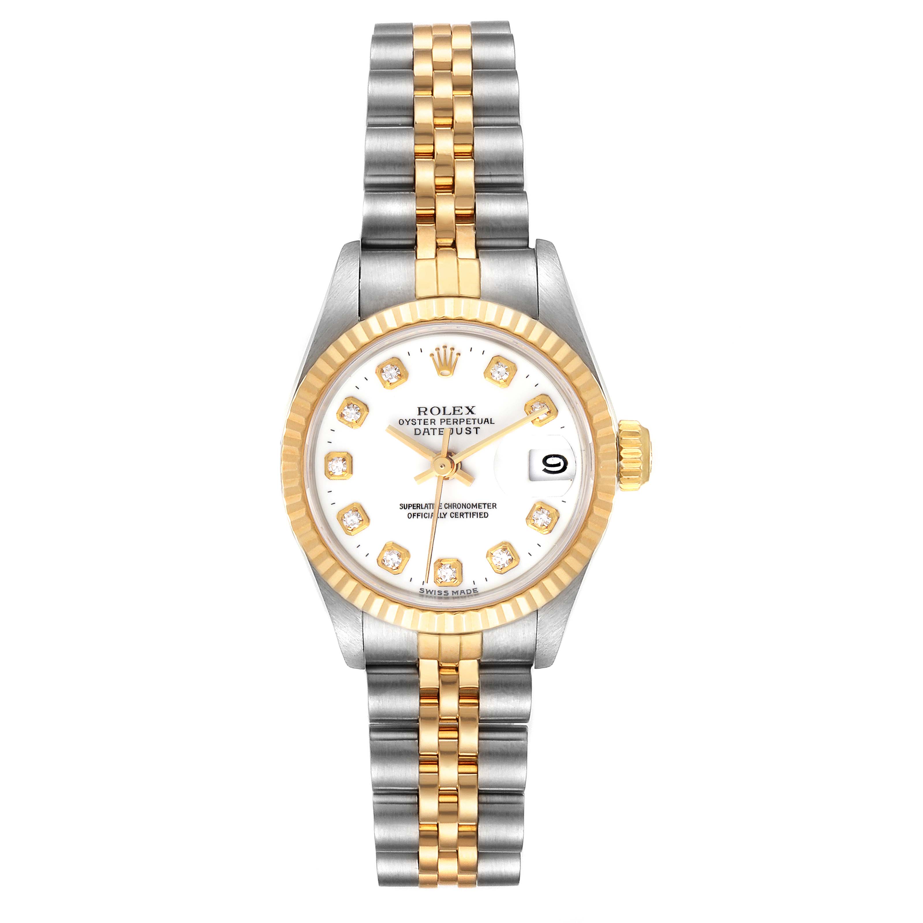 The image shows a Rolex Datejust 69173 Women
s Steel and Gold (two tone) White Dial 69173 Women
s Steel and Gold (two tone) White Dial watch with a two-tone metal bracelet, fluted bezel, and a white dial with diamond hour markers.