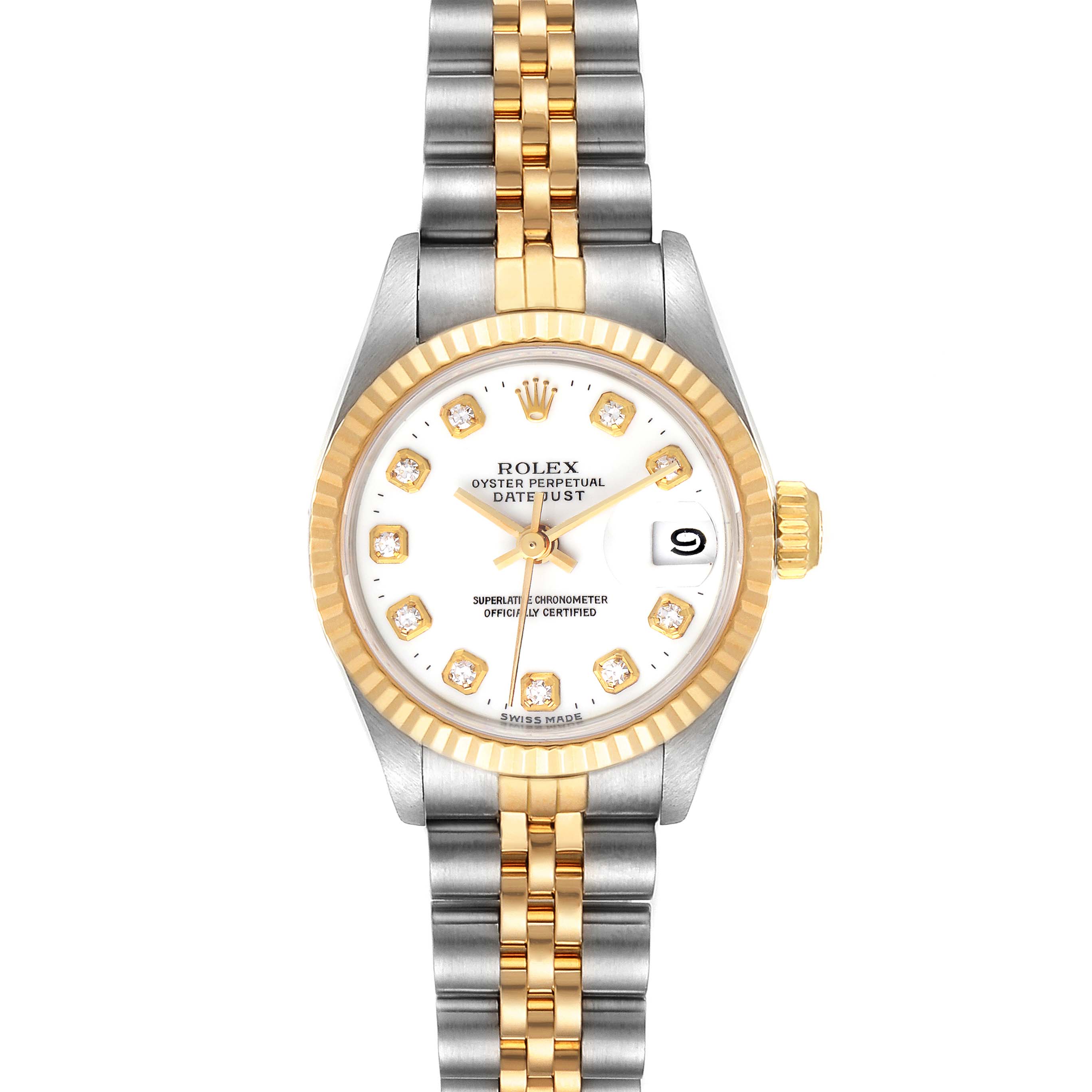 This image shows a front view of a Rolex Datejust 69173 Women
s Steel and Gold (two tone) White Dial 69173 Women
s Steel and Gold (two tone) White Dial model watch, highlighting the dial, bezel, and two-tone bracelet.