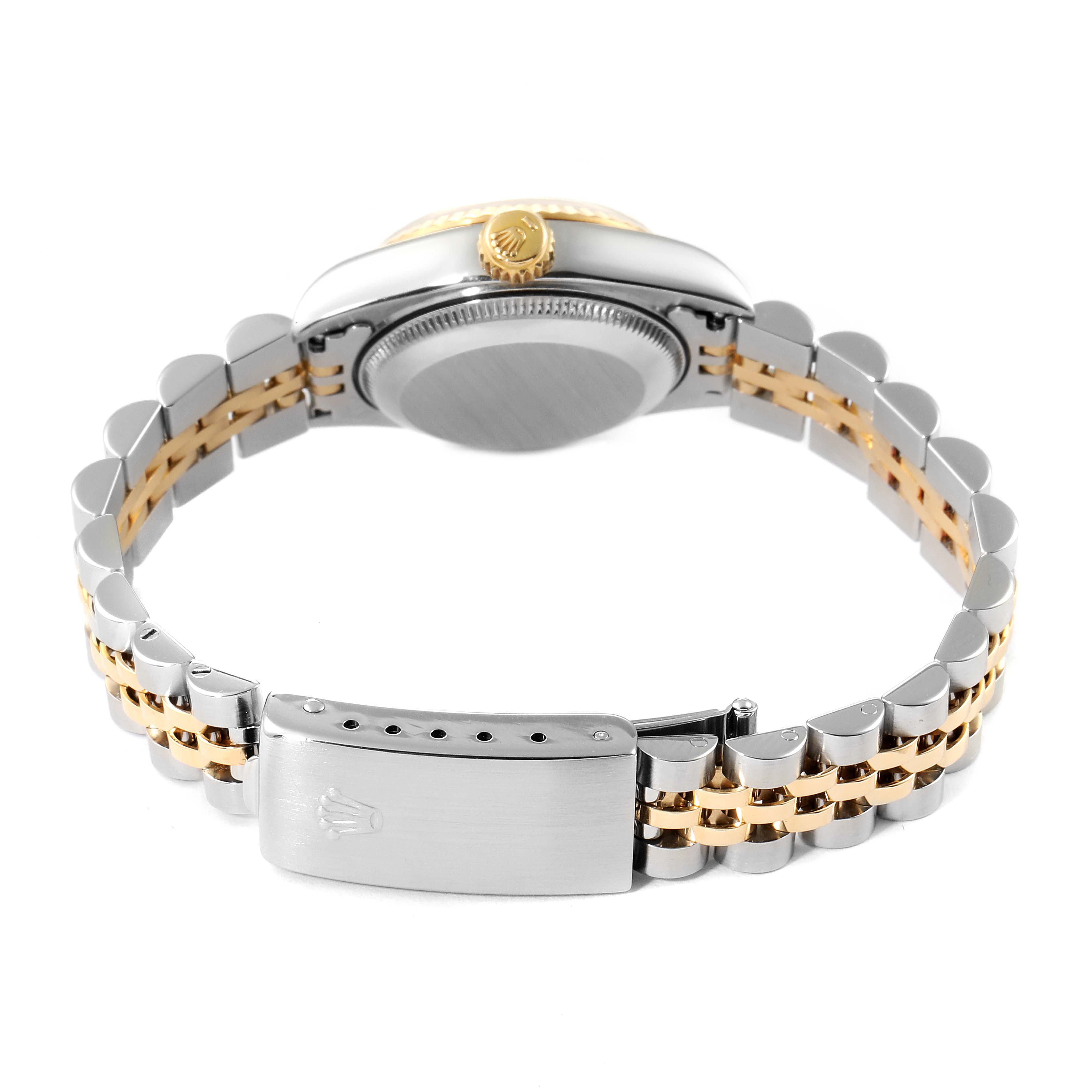 This image shows the back view of a Rolex Datejust 69173 Women
s Steel and Gold (two tone) White Dial 69173 Women
s Steel and Gold (two tone) White Dial watch, highlighting its case back, crown, and two-tone bracelet with a clasp.