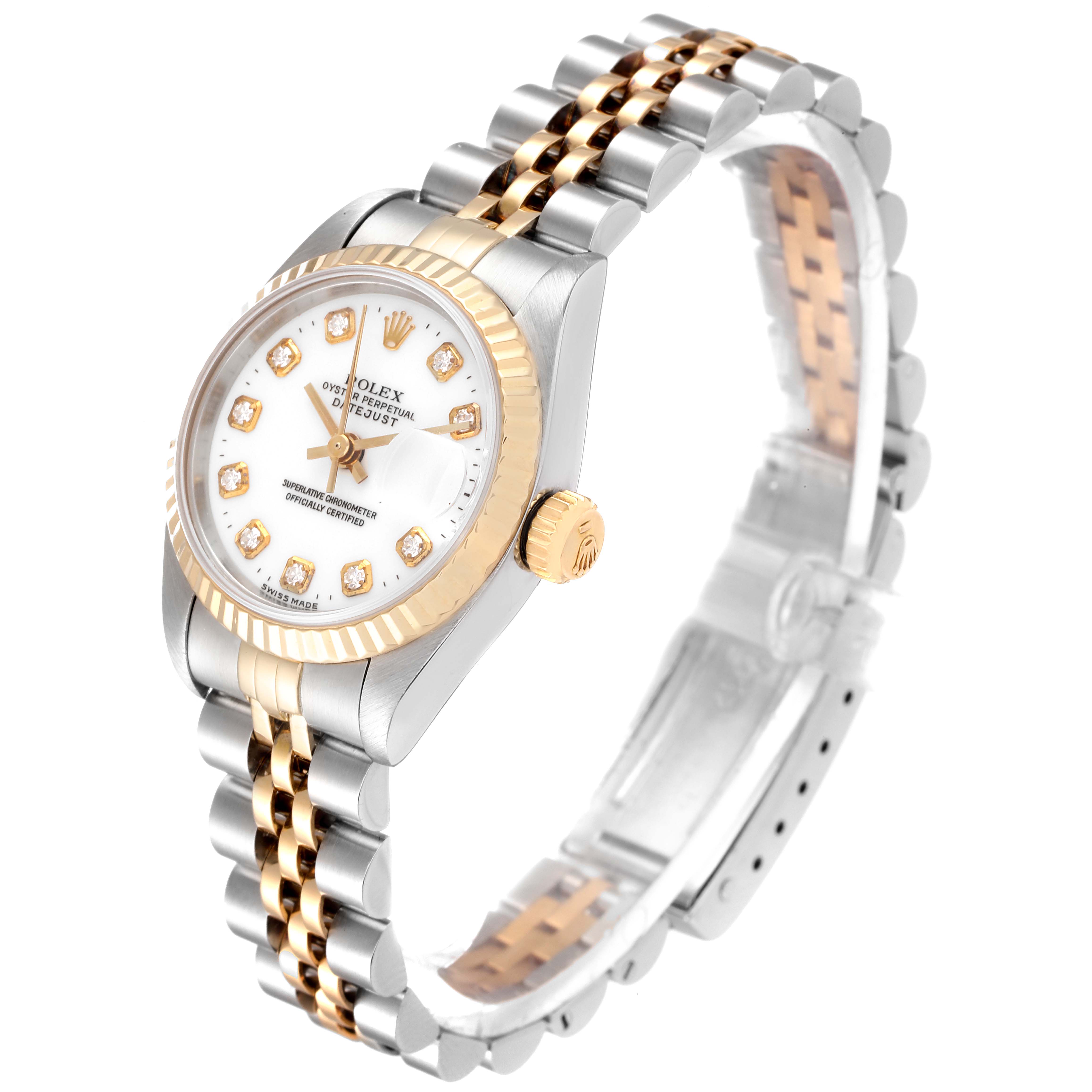 The image shows a Rolex Datejust 69173 Women
s Steel and Gold (two tone) White Dial 69173 Women
s Steel and Gold (two tone) White Dial watch at a three-quarter angle, highlighting the face, bezel, crown, and two-tone bracelet.