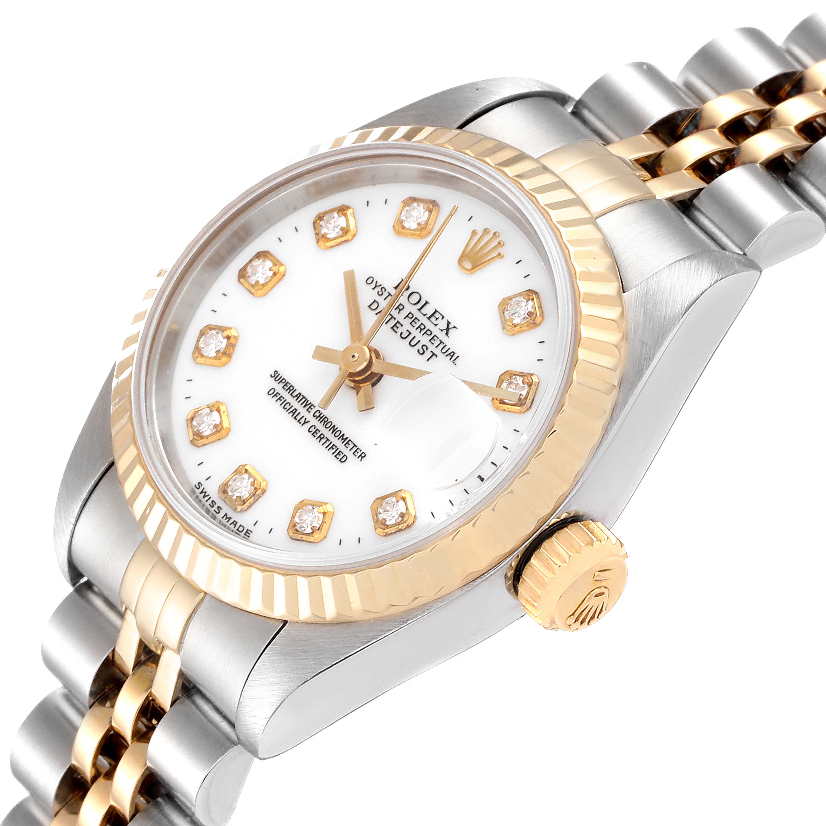 The image shows a Rolex Datejust 69173 Women
s Steel and Gold (two tone) White Dial 69173 Women
s Steel and Gold (two tone) White Dial watch at an angle, highlighting the dial, bezel, crown, and Jubilee bracelet.