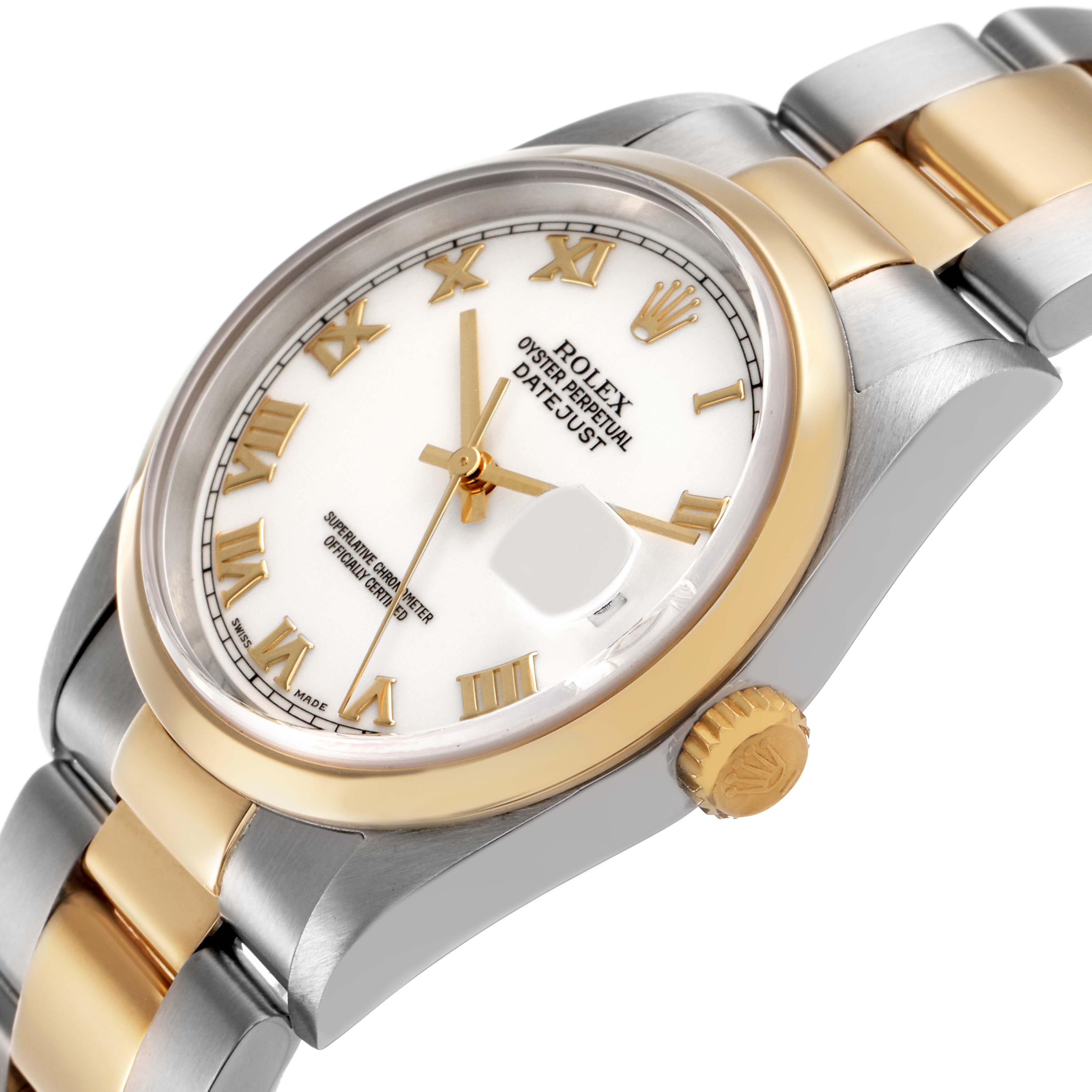 The image shows a Rolex Datejust 16203 Men's Stainless Steel White Dial watch at a three-quarter angle, highlighting the bezel, dial, crown, and bracelet.