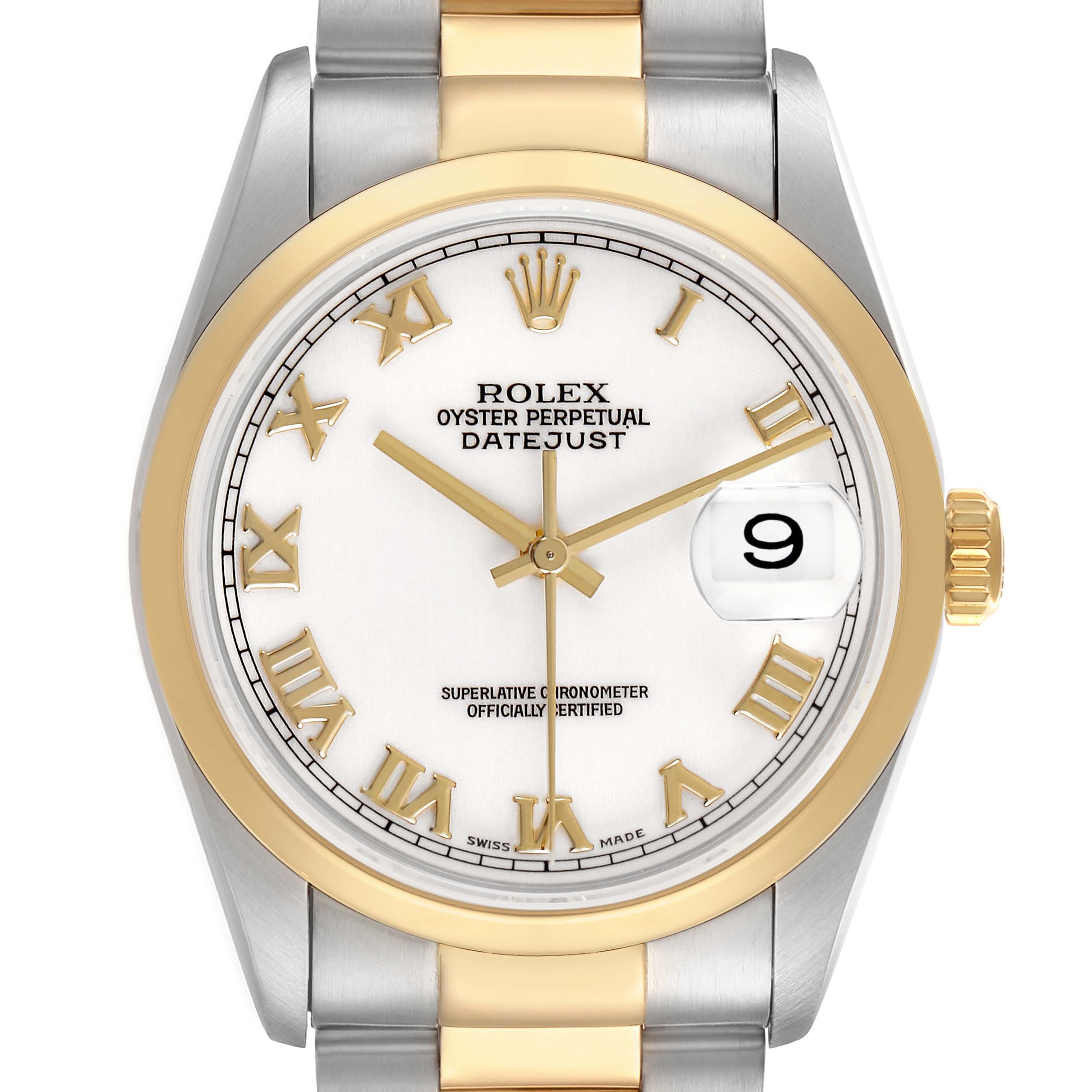 The Rolex Datejust 16203 Men's Stainless Steel White Dial watch is shown from the front, highlighting the dial, hands, bezel, and part of the bracelet.