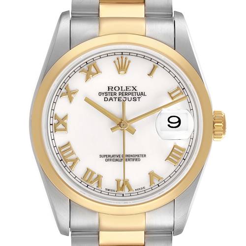 The Rolex Datejust 16203 Men's Stainless Steel White Dial watch is shown from a front view, displaying its dial, bezel, and part of the bracelet.
