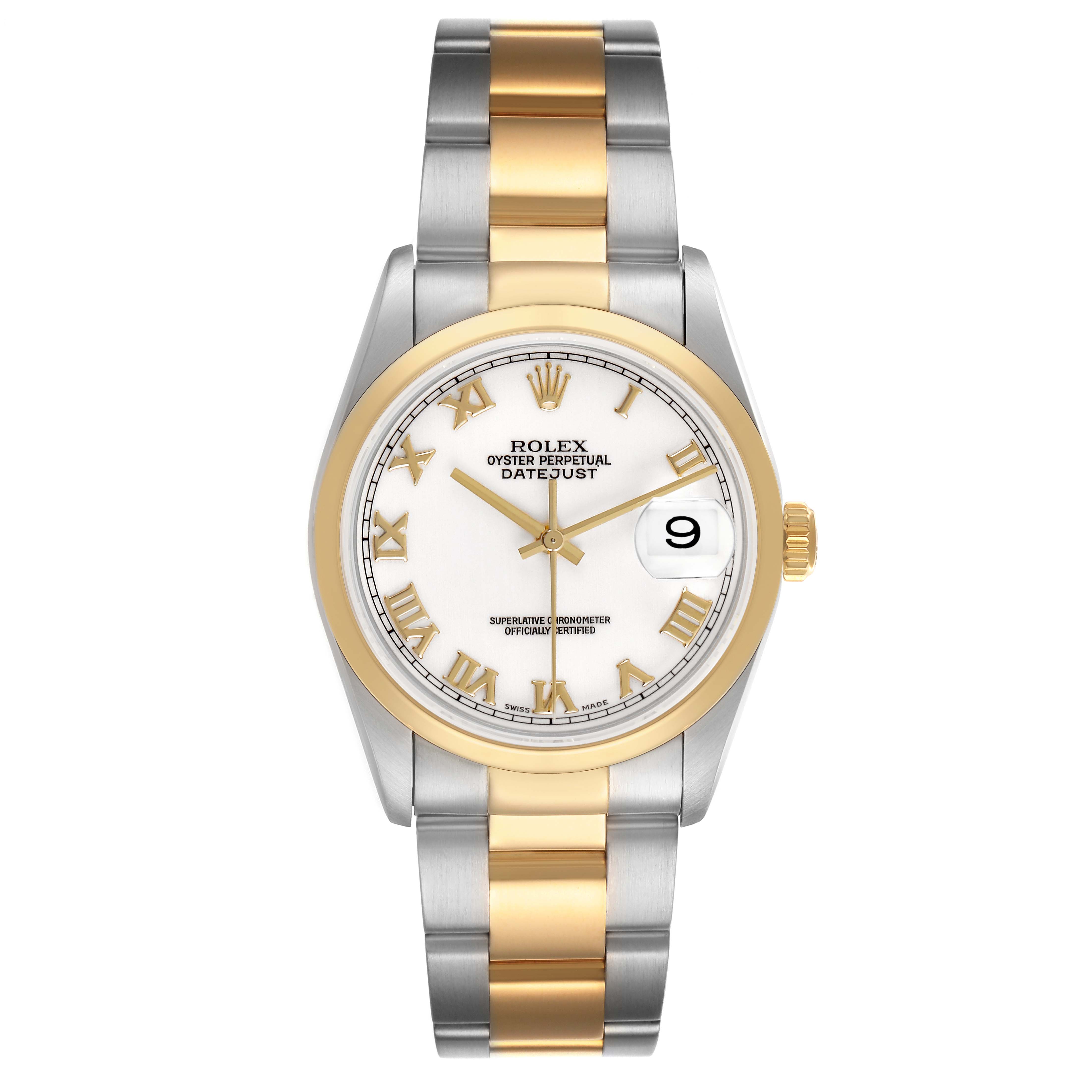 The Rolex Datejust 16203 Men's Stainless Steel White Dial watch is shown from the front, highlighting the dial, bezel, and two-tone bracelet.