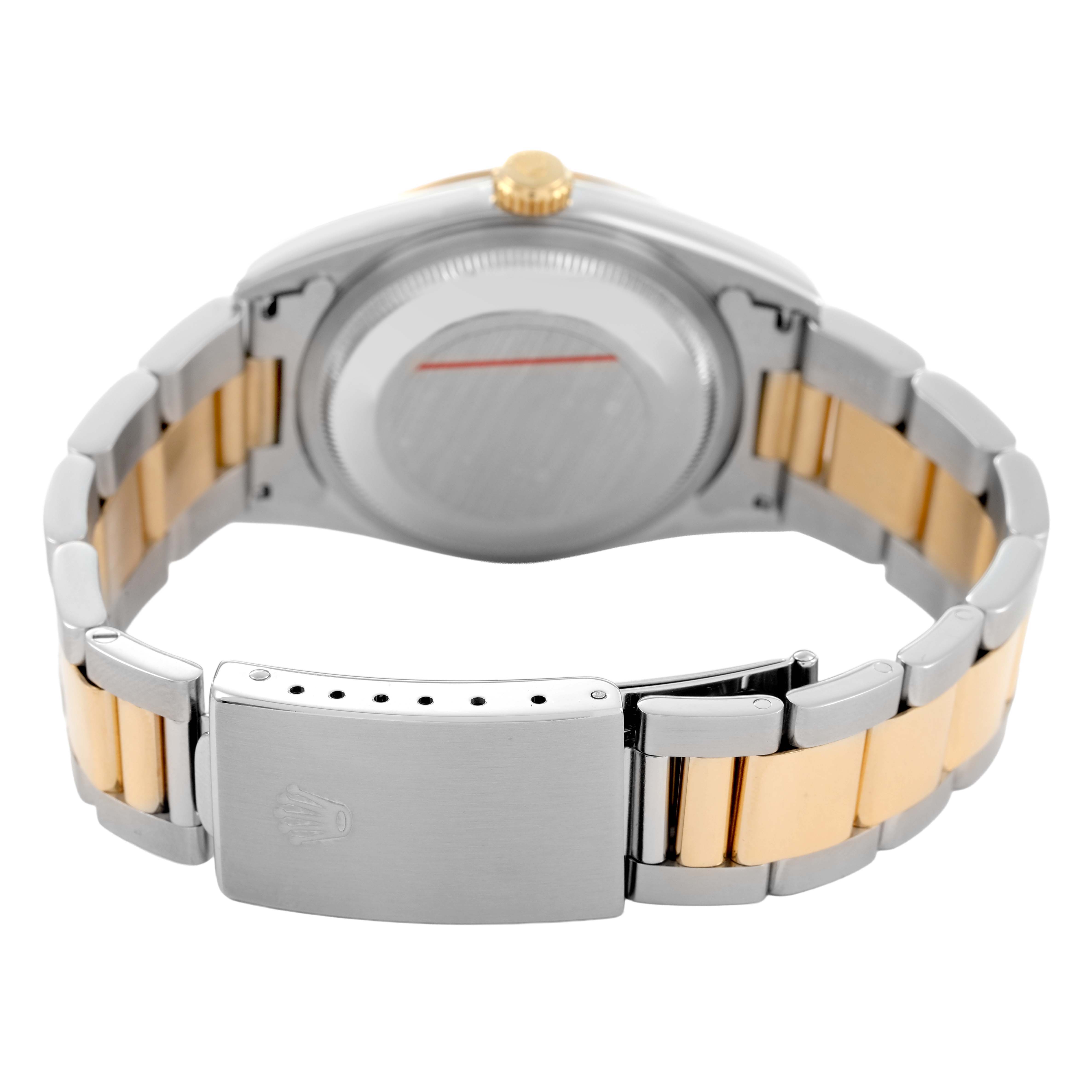 The image shows the back of a Rolex Datejust 16203 Men's Stainless Steel White Dial, highlighting the clasp and bracelet.