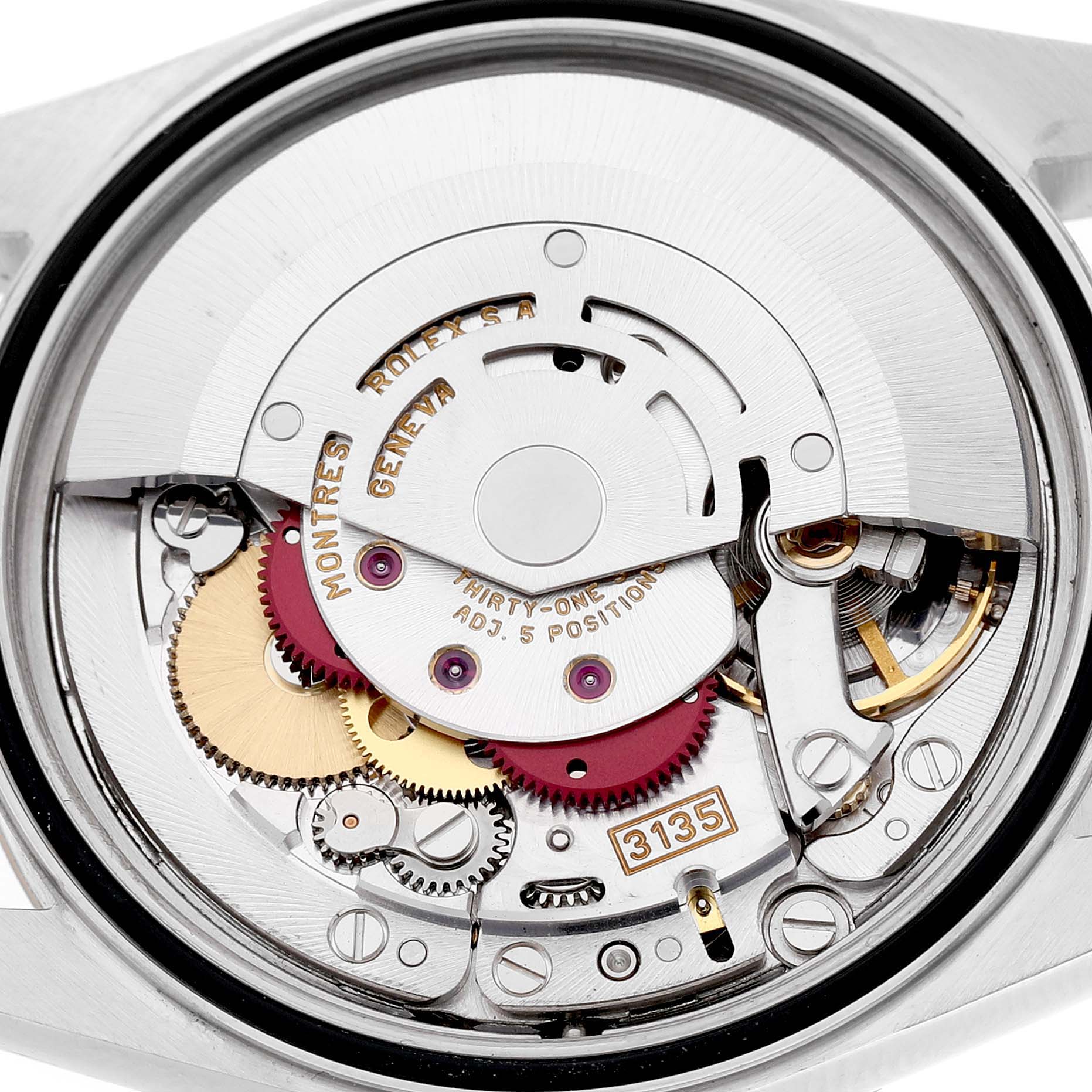 The image shows the movement and internal mechanism of a Rolex Datejust 16203 Men's Stainless Steel White Dial watch from the back.
