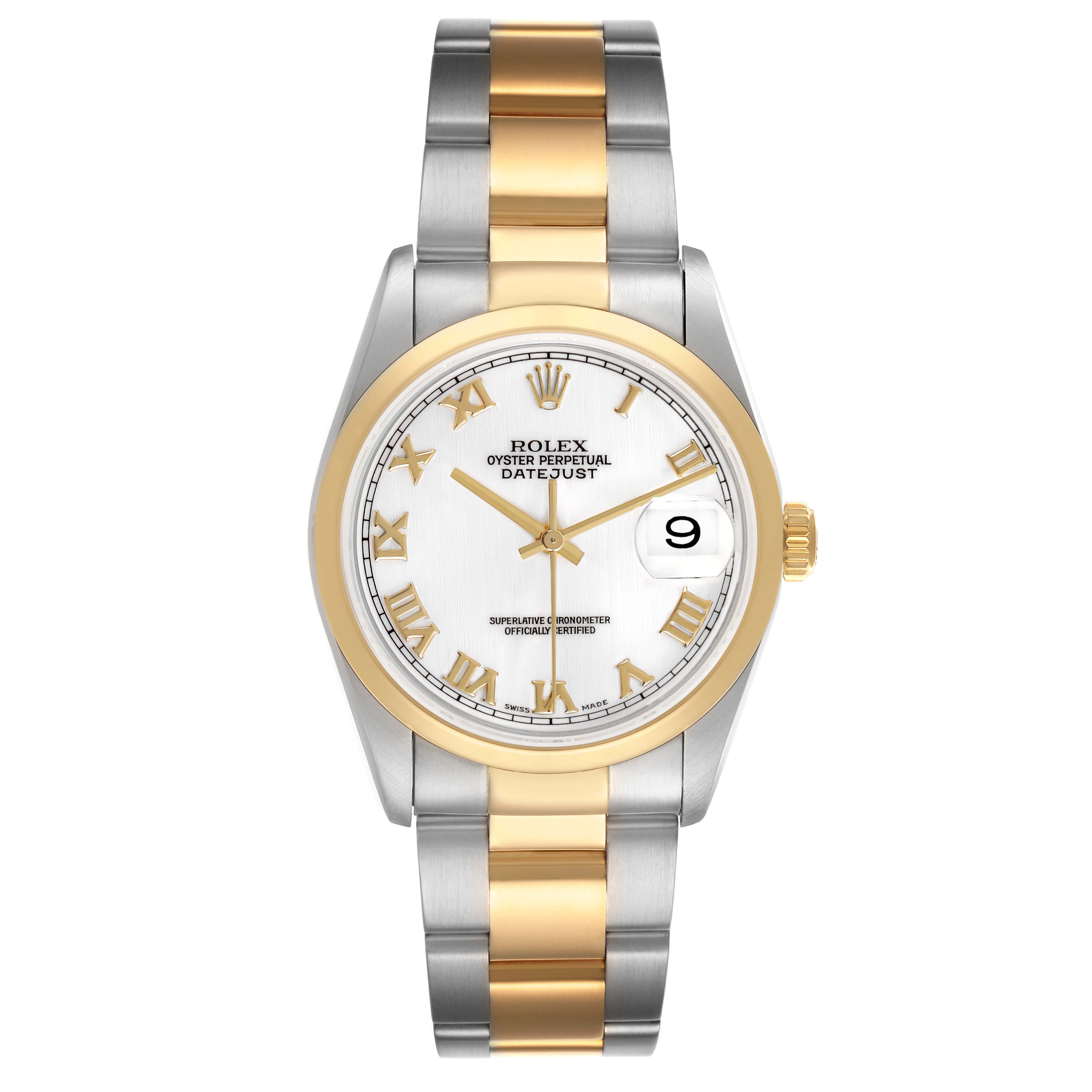 The Rolex Datejust 16203 Mens Steel and Gold (two tone) White Dial is shown from a top-down angle, featuring a two-tone bracelet and white dial with gold Roman numerals.