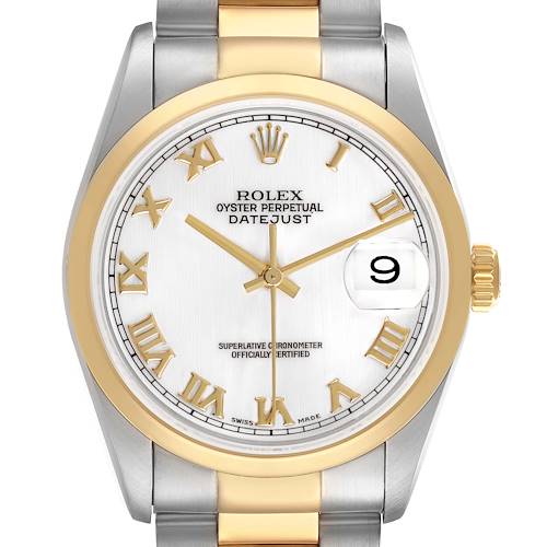 The image shows a frontal view of a Rolex Datejust 16203 Men's Steel and Gold (two tone) White Dial, highlighting the dial, bezel, bracelet, and crown.