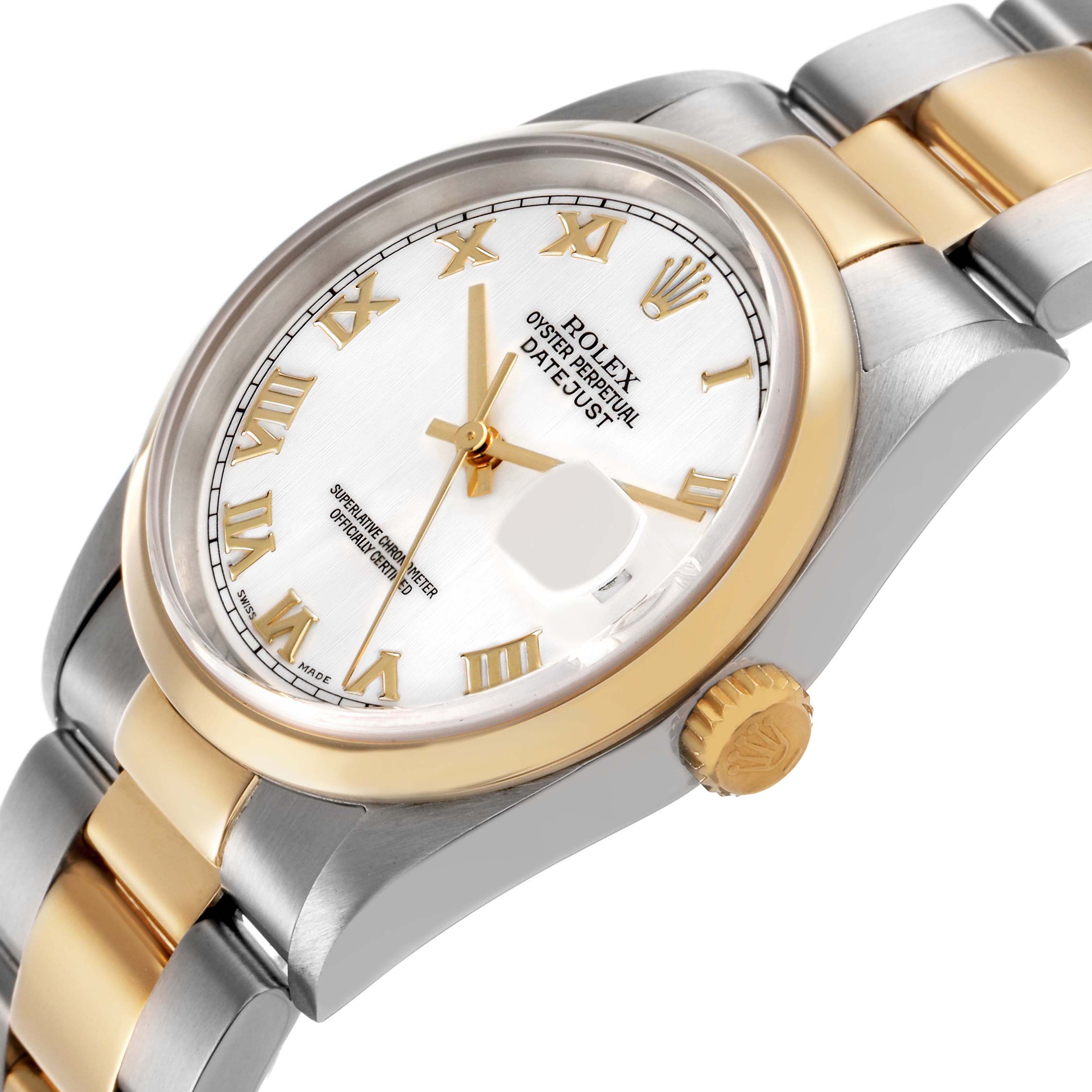 The image shows a Rolex Datejust 16203 Mens Steel and Gold (two tone) White Dial at a three-quarter angle, highlighting its bracelet, bezel, dial, and crown.