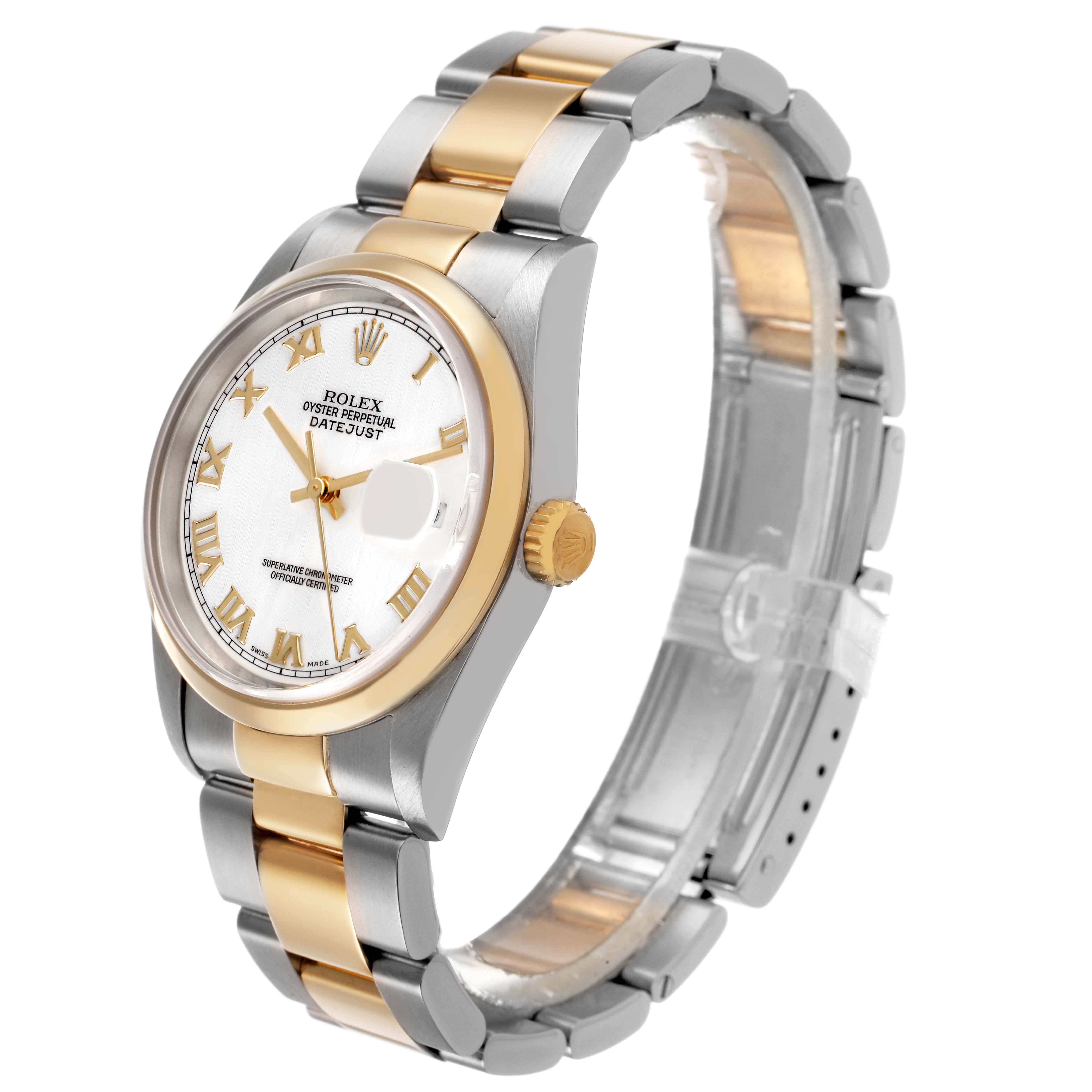 The Rolex Datejust 16203 Mens Steel and Gold (two tone) White Dial watch is shown at a three-quarter angle, highlighting the dial, bezel, and two-tone bracelet.