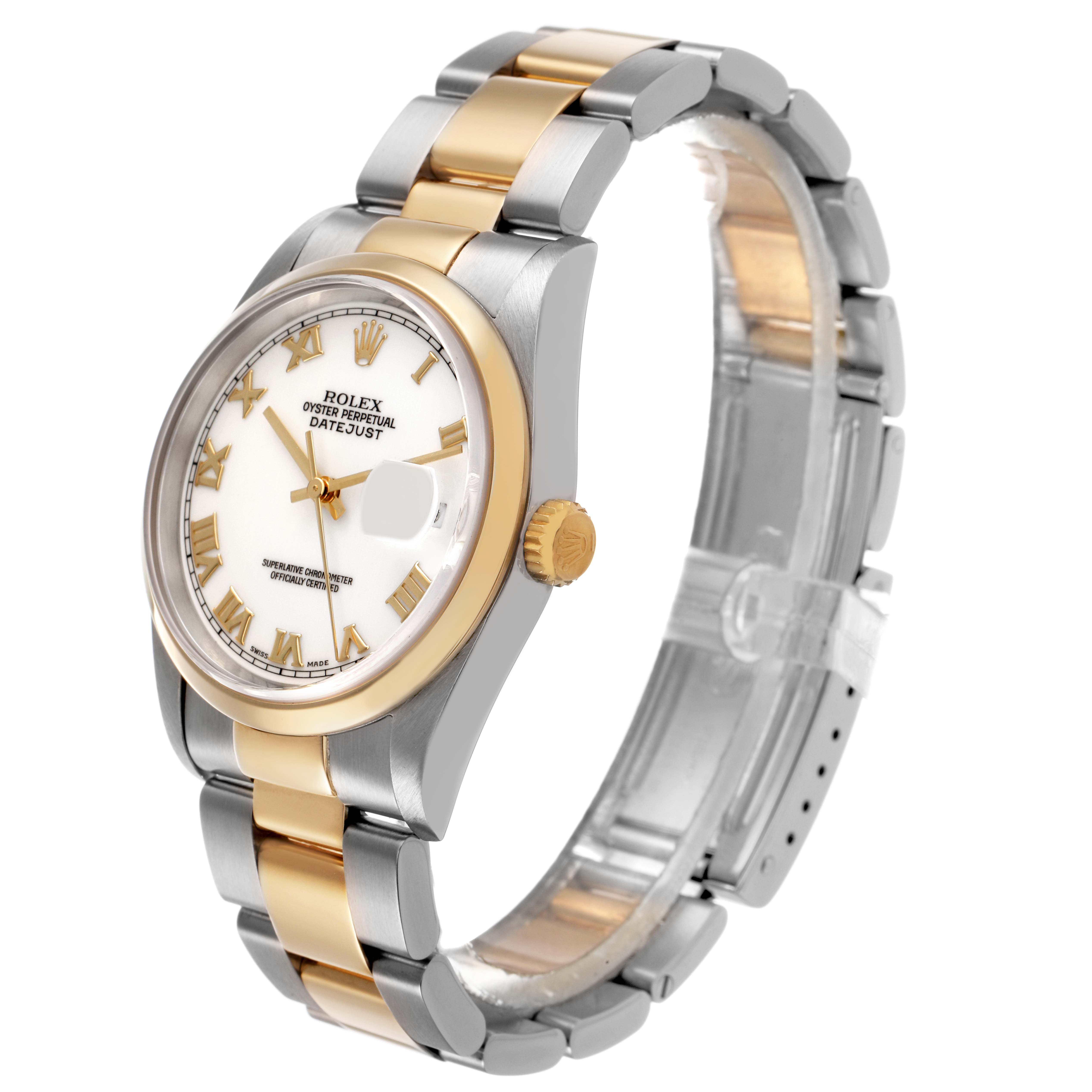 The Rolex Datejust 16203 Men's Stainless Steel White Dial watch is shown at a slight angle, highlighting the face, bezel, crown, and two-tone bracelet.