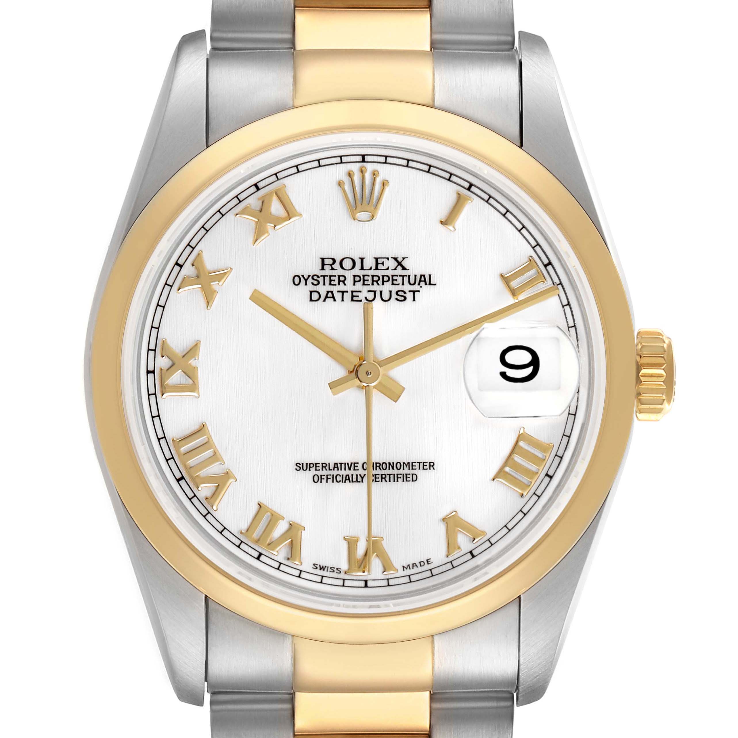 The Rolex Datejust 16203 Mens Steel and Gold (two tone) White Dial watch is shown from the front, highlighting the dial, bezel, crown, and part of the bracelet.