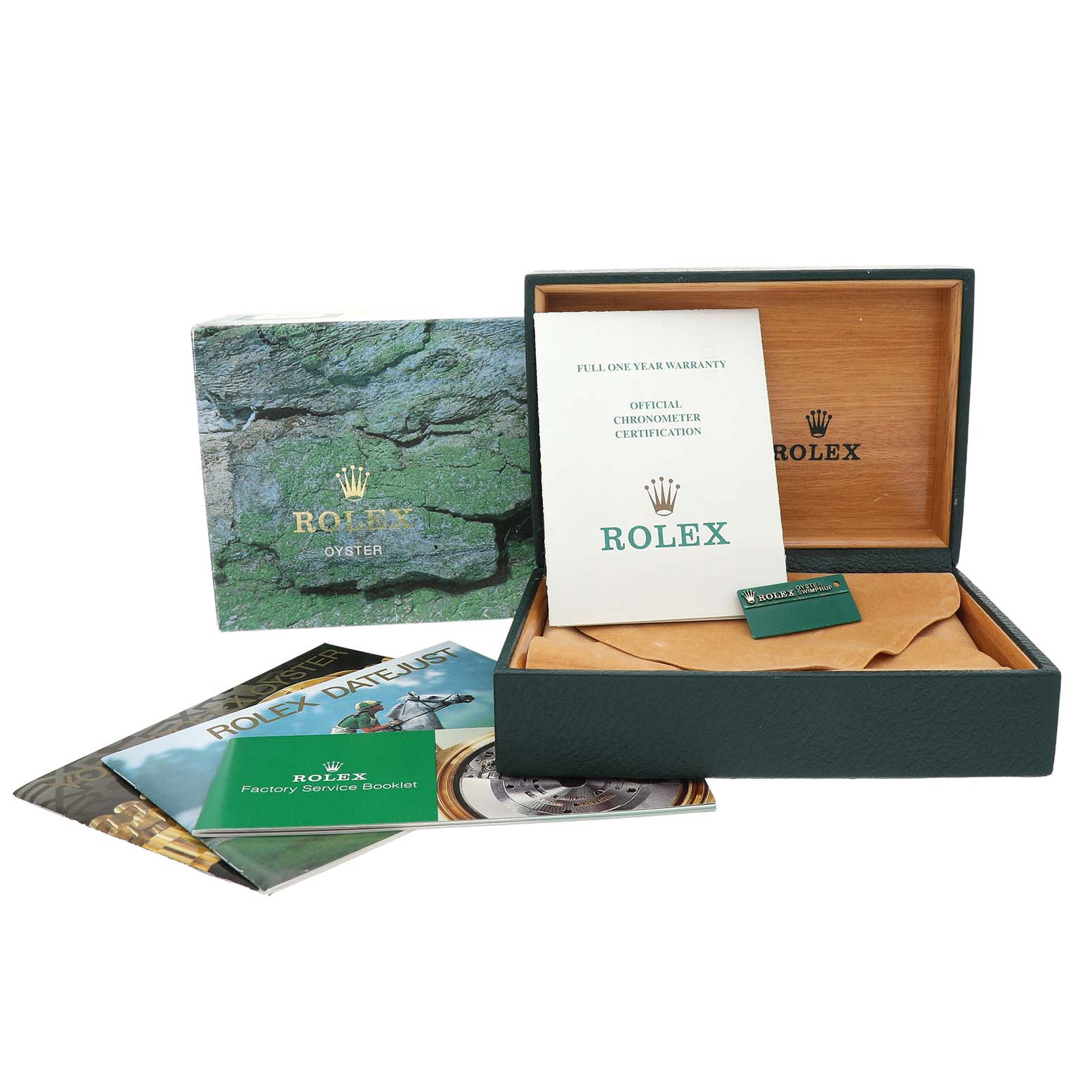 The image shows a Rolex Datejust 16203 Men's Stainless Steel White Dial box with warranty card, manuals, and a service booklet from a frontal angle.