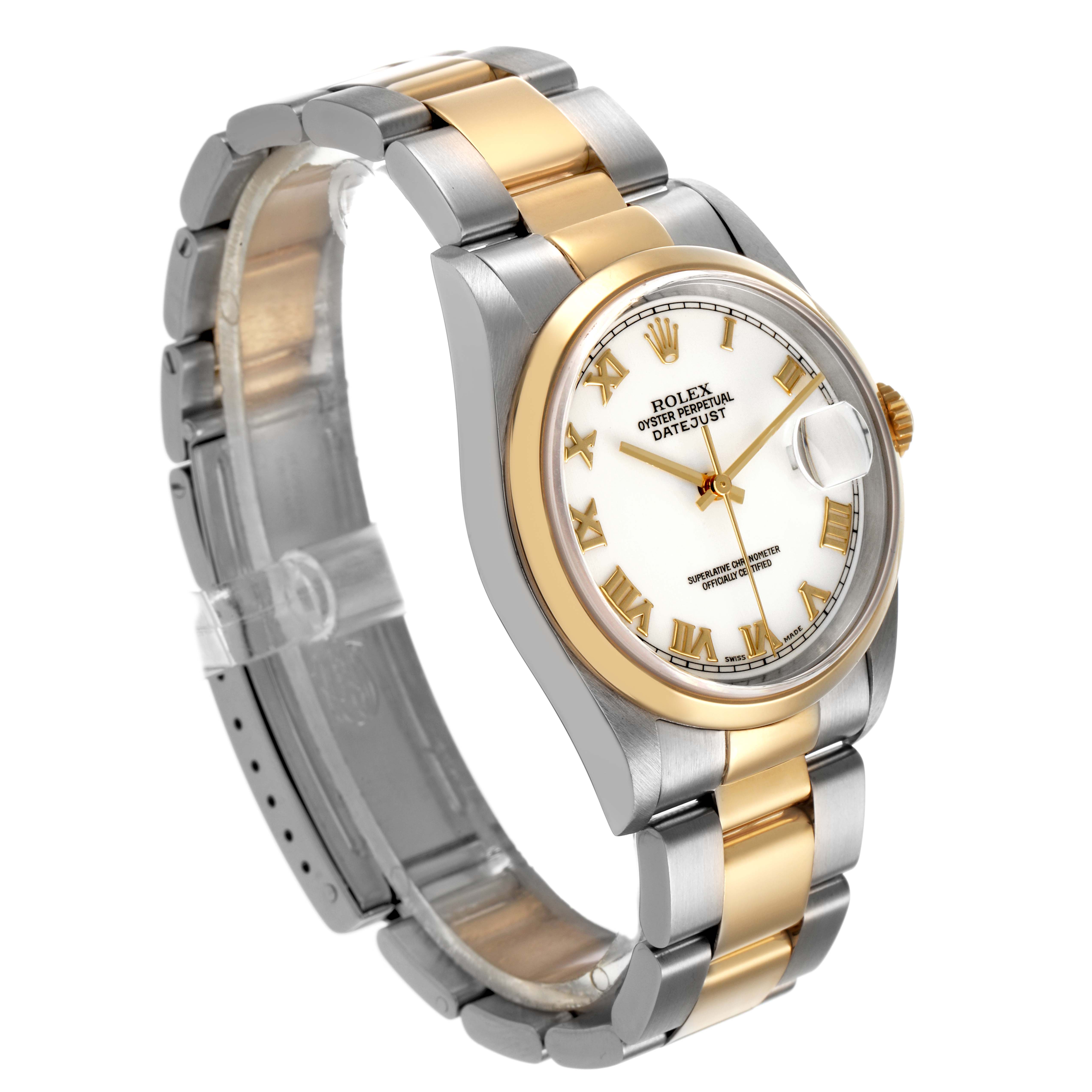 The Rolex Datejust 16203 Men's Stainless Steel White Dial watch is shown at a slight angle, highlighting its two-tone bracelet, bezel, and Roman numeral dial.