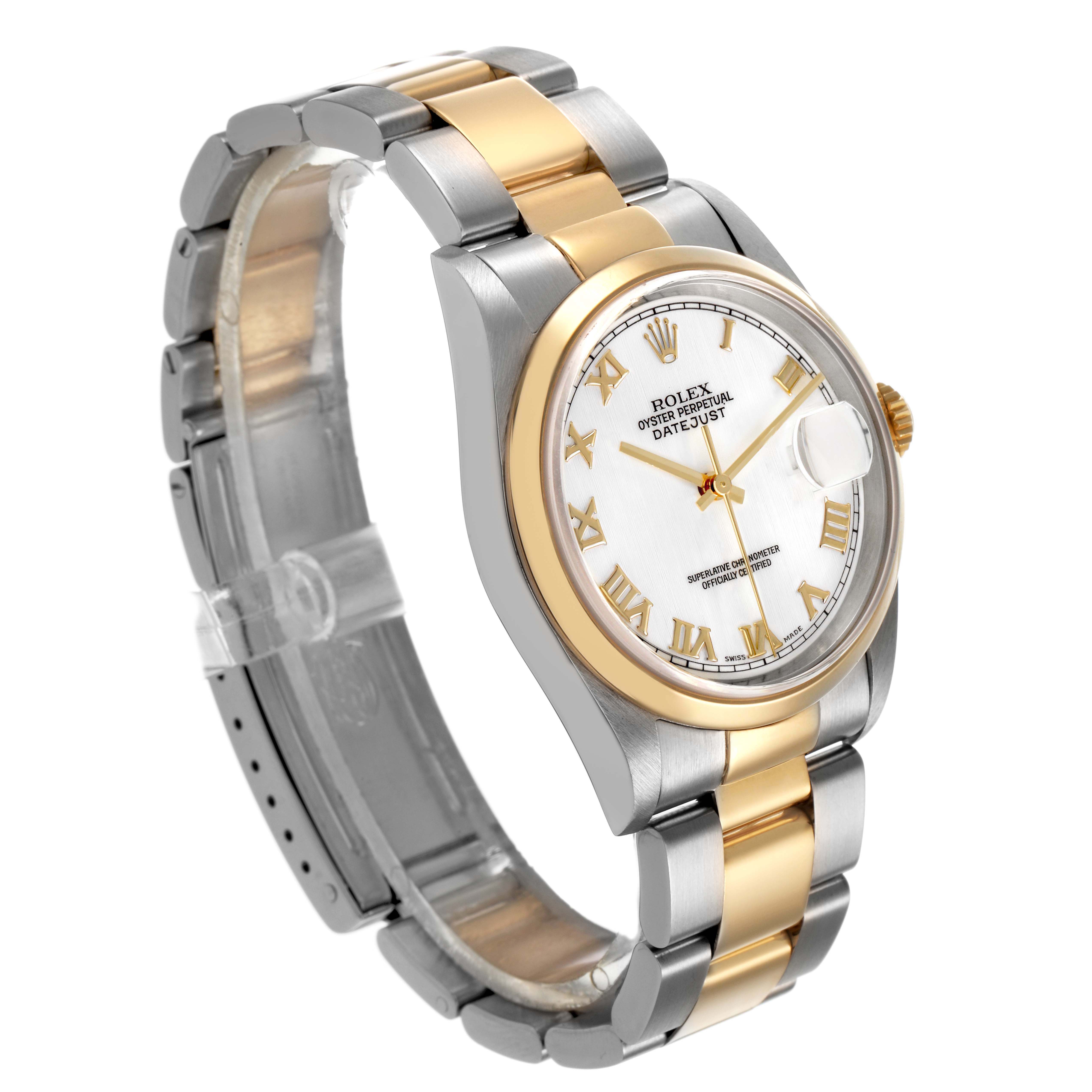 The Rolex Datejust 16203 Mens Steel and Gold (two tone) White Dial watch is shown at a three-quarter angle, displaying the dial, bezel, case, and bracelet.