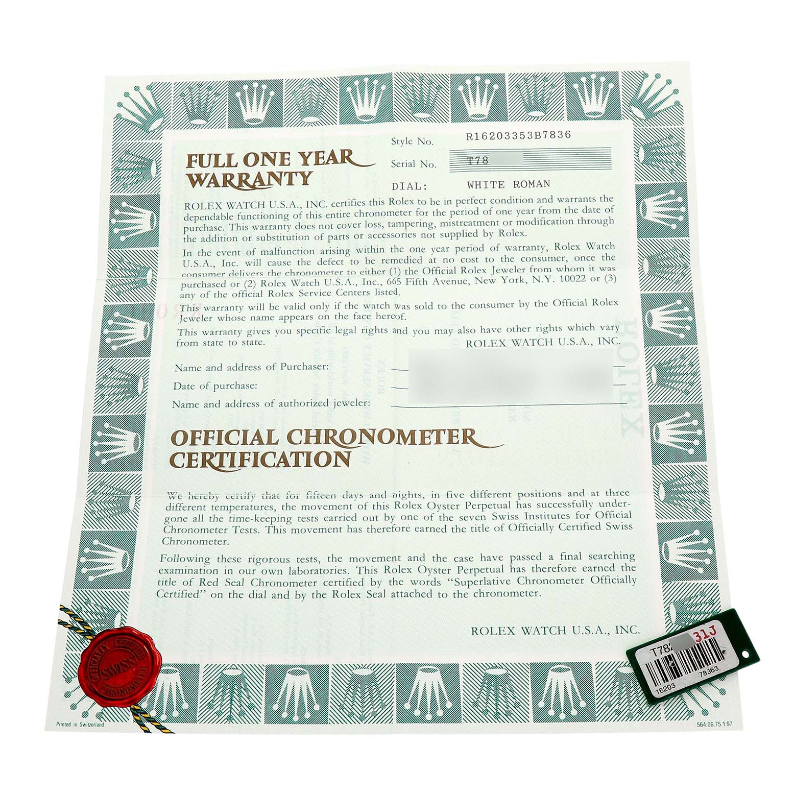 The image shows a one-year warranty and chronometer certification for a Rolex Datejust 16203 Men's Stainless Steel White Dial watch, with a seal and serial tag included.