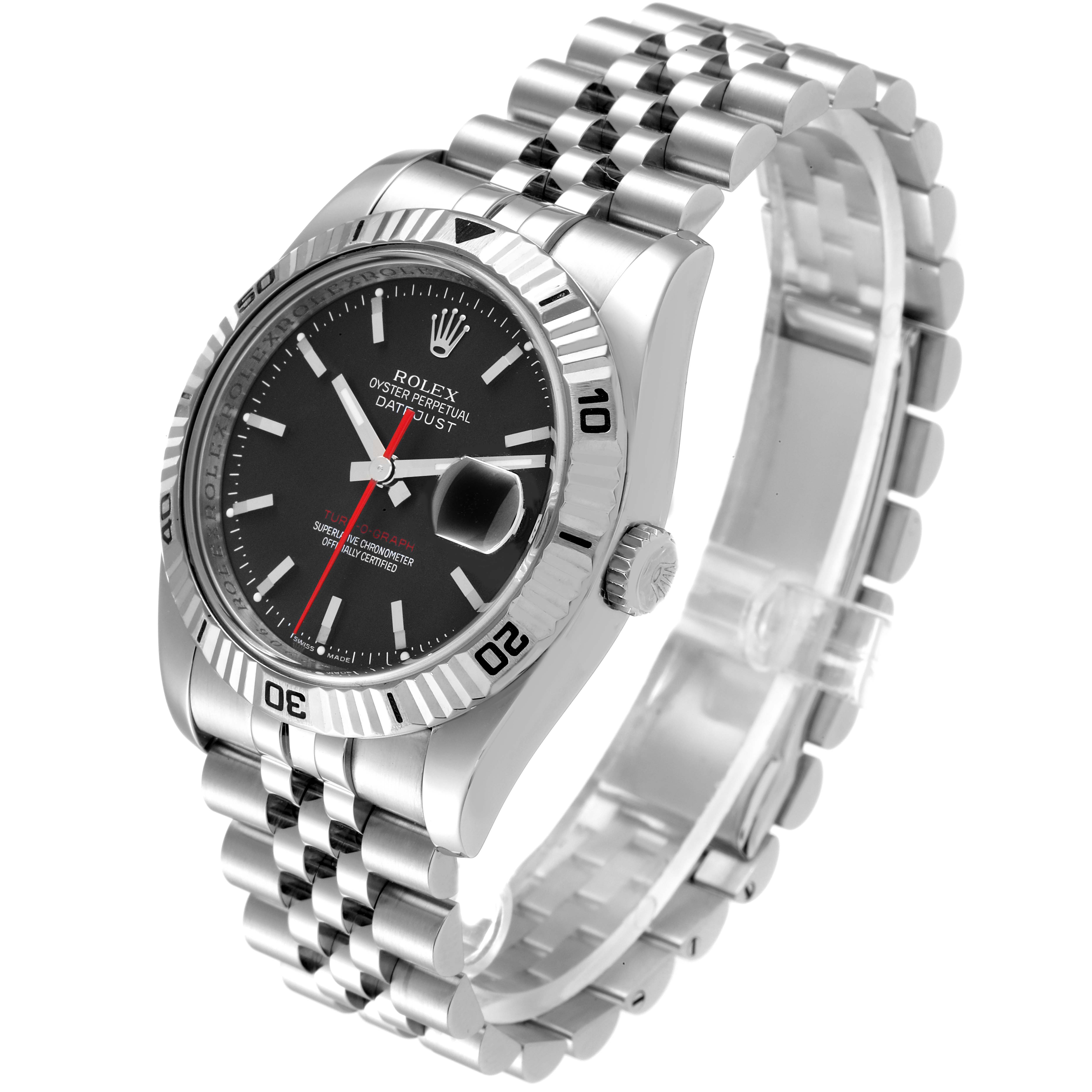 The Rolex Turn-o-Graph 116264 Men
s Stainless Steel Black Dial 116264 Men
s Stainless Steel Black Dial watch is shown at an angled side view, displaying its face, bezel, crown, and bracelet.