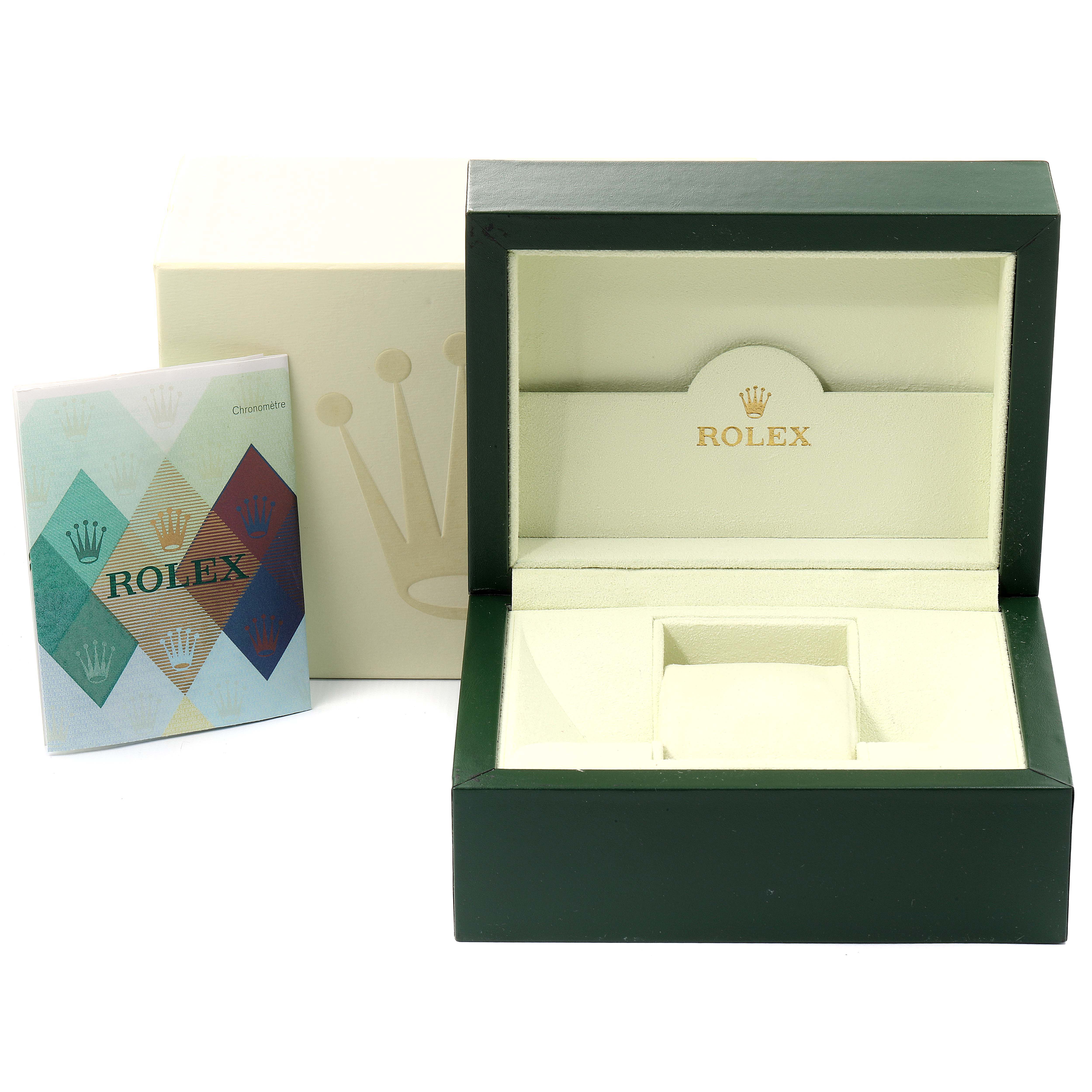 The image shows the box and booklet for a Rolex Turn-o-Graph 116264 Men
s Stainless Steel Black Dial 116264 Men
s Stainless Steel Black Dial watch, with the box open.