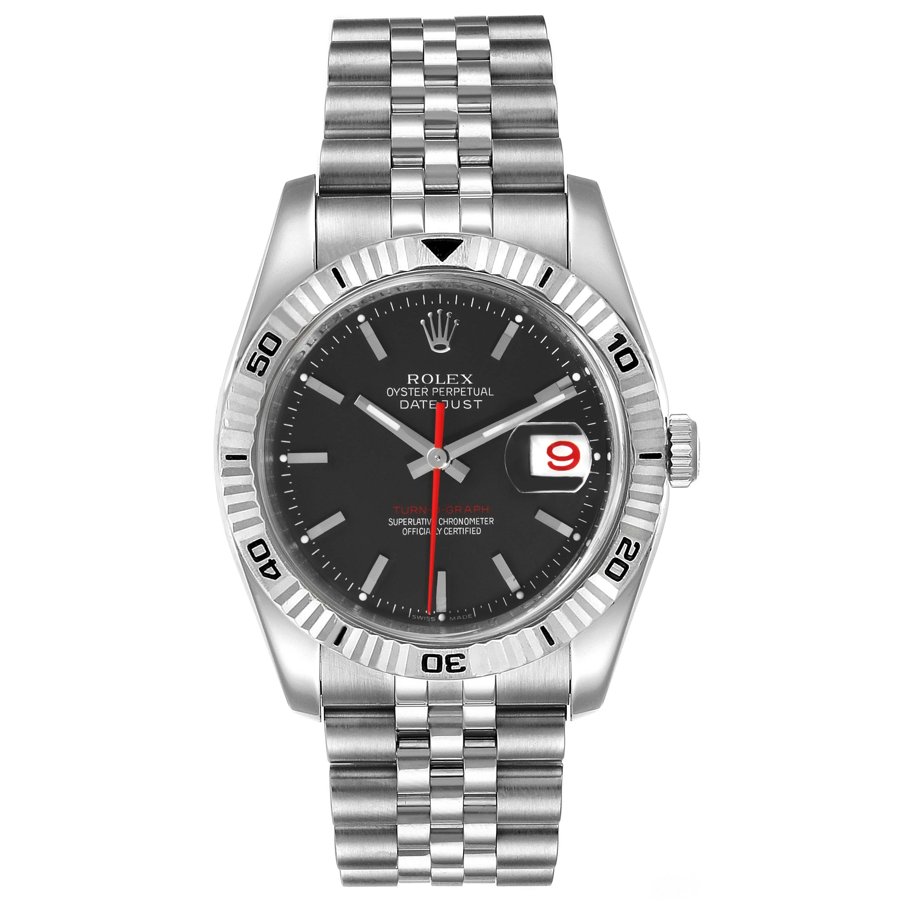 This image shows a front view of a Rolex Turn-o-Graph 116264 Men
s Stainless Steel Black Dial 116264 Men
s Stainless Steel Black Dial watch, highlighting the dial, bezel, bracelet, and date display.
