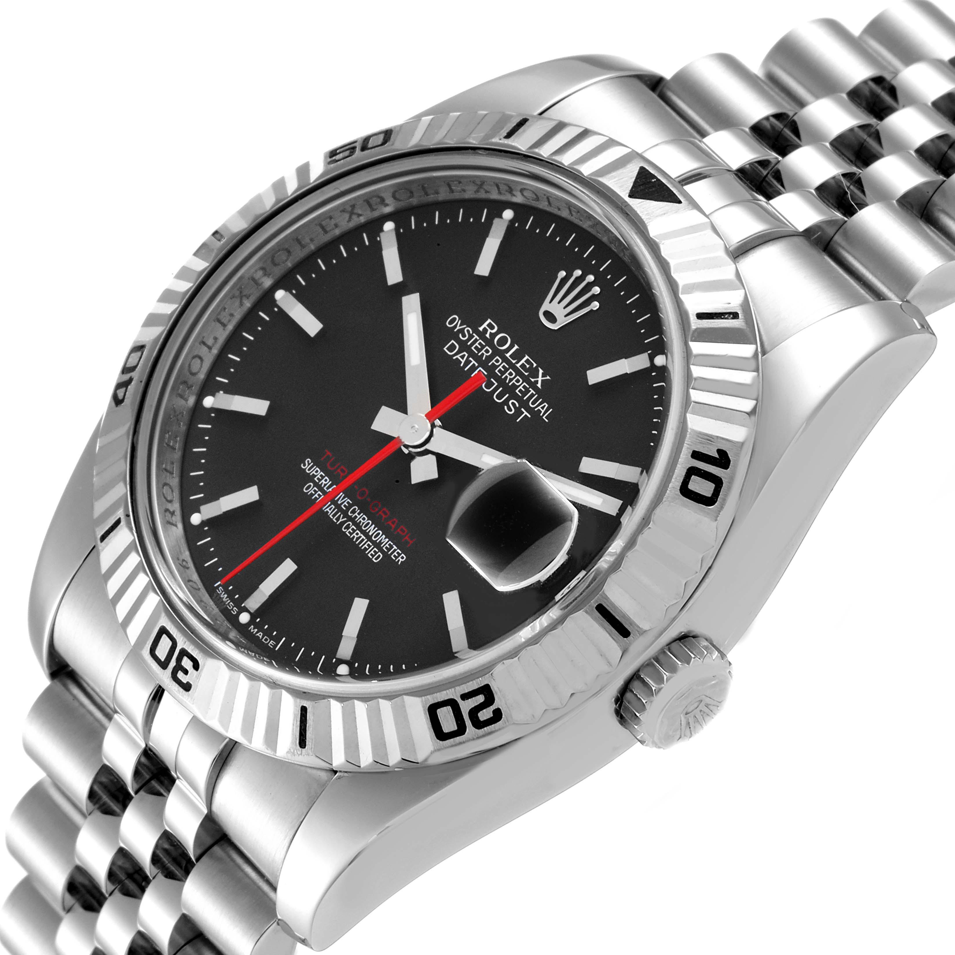 This image shows a Rolex Turn-o-Graph 116264 Men
s Stainless Steel Black Dial 116264 Men
s Stainless Steel Black Dial watch from an angled view, highlighting the bezel, dial, date magnifier, and bracelet.