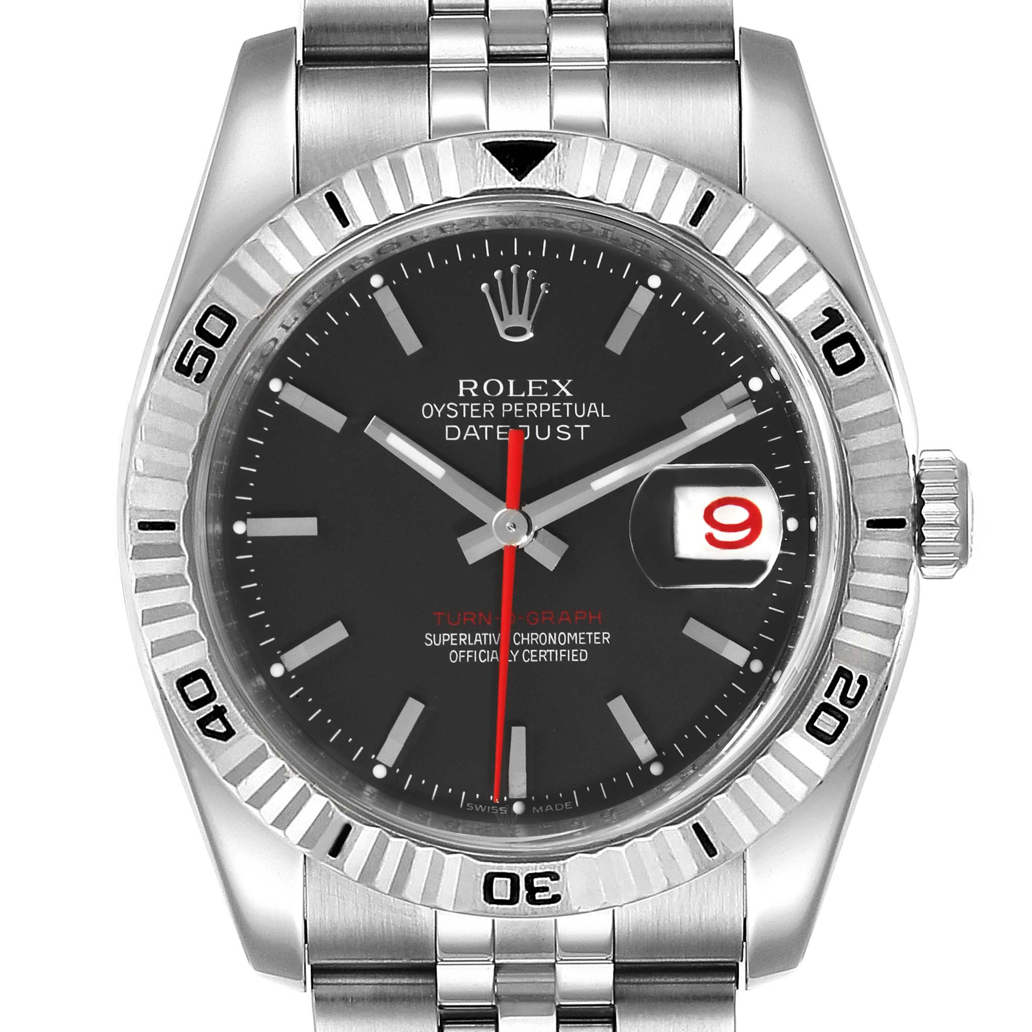 The image shows a front view of a Rolex Turn-o-Graph 116264 Men
s Stainless Steel Black Dial 116264 Men
s Stainless Steel Black Dial watch, displaying the face, bezel, and part of the bracelet.