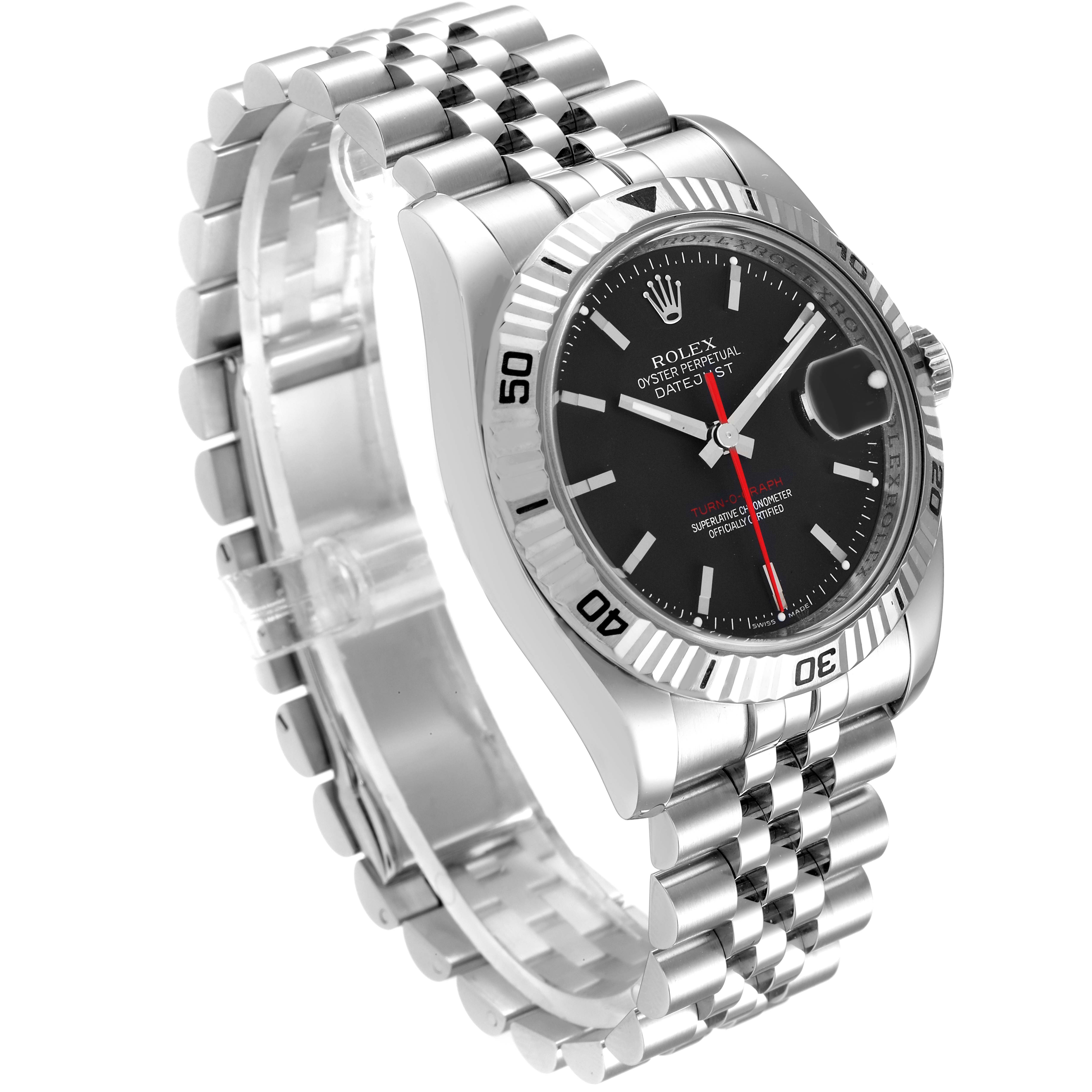 The Rolex Turn-o-Graph 116264 Men
s Stainless Steel Black Dial 116264 Men
s Stainless Steel Black Dial watch is shown at an oblique angle, highlighting its face, bezel, and bracelet.