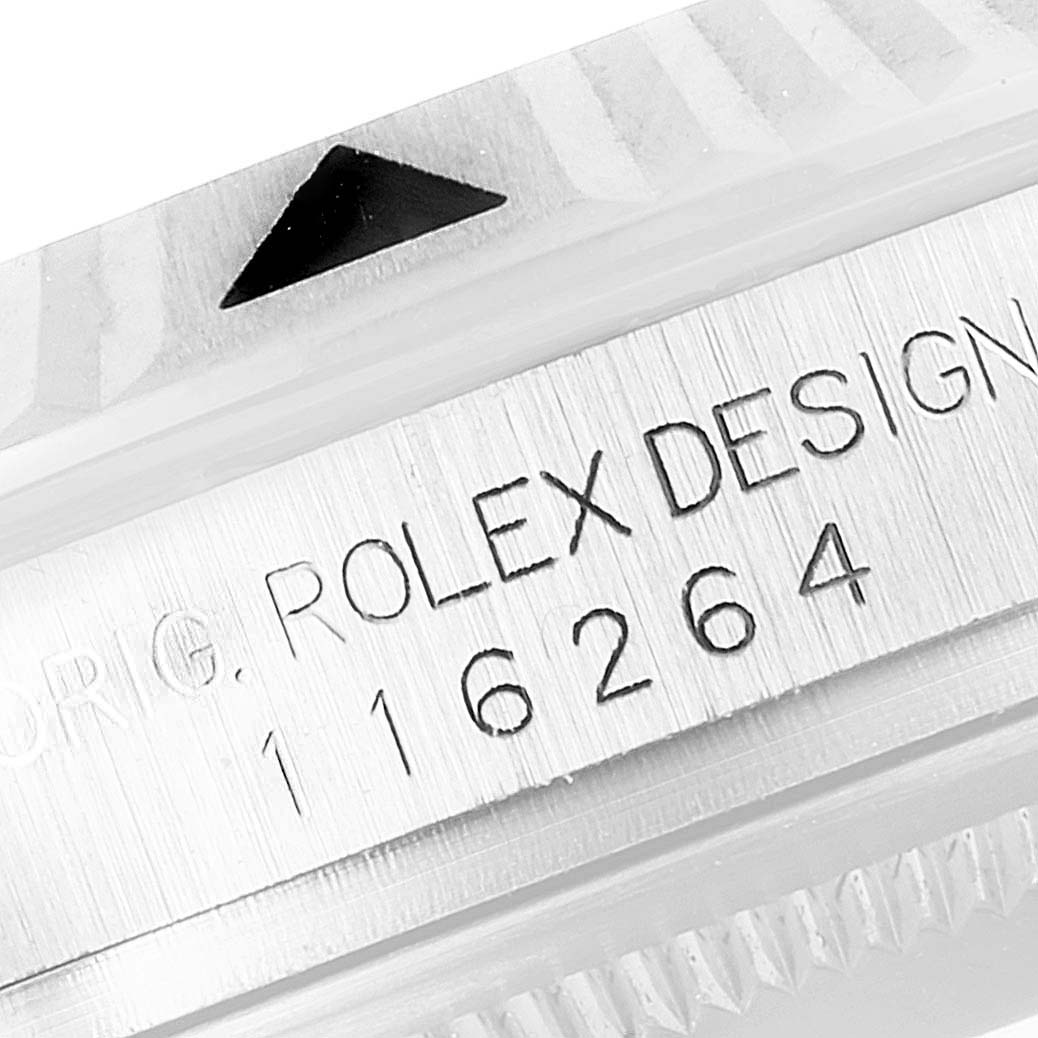 This close-up image shows the bezel and model number engraved on the side of a Rolex Turn-o-Graph 116264 Men
s Stainless Steel Black Dial 116264 Men
s Stainless Steel Black Dial watch.