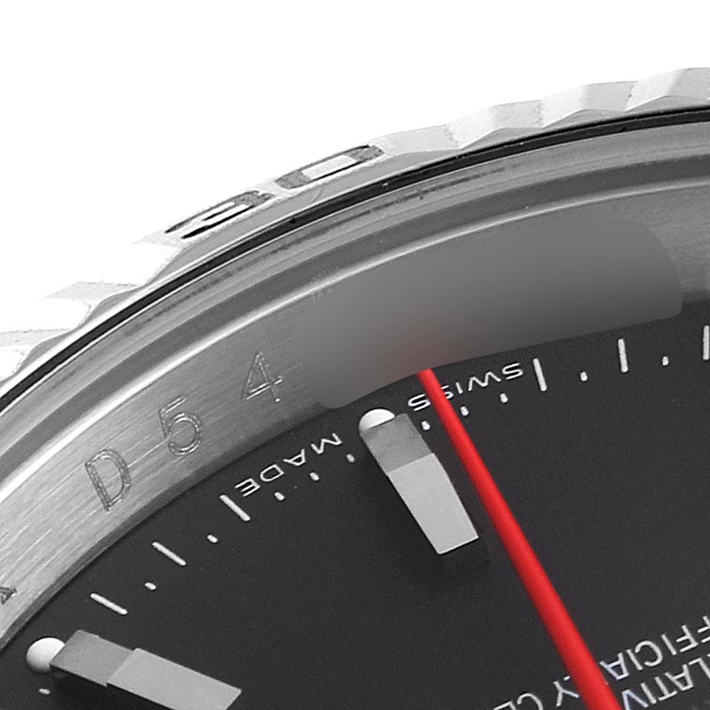 The image shows a close-up of the bezel, dial, and part of the second hand of the Rolex Turn-o-Graph 116264 Men
s Stainless Steel Black Dial 116264 Men
s Stainless Steel Black Dial watch.