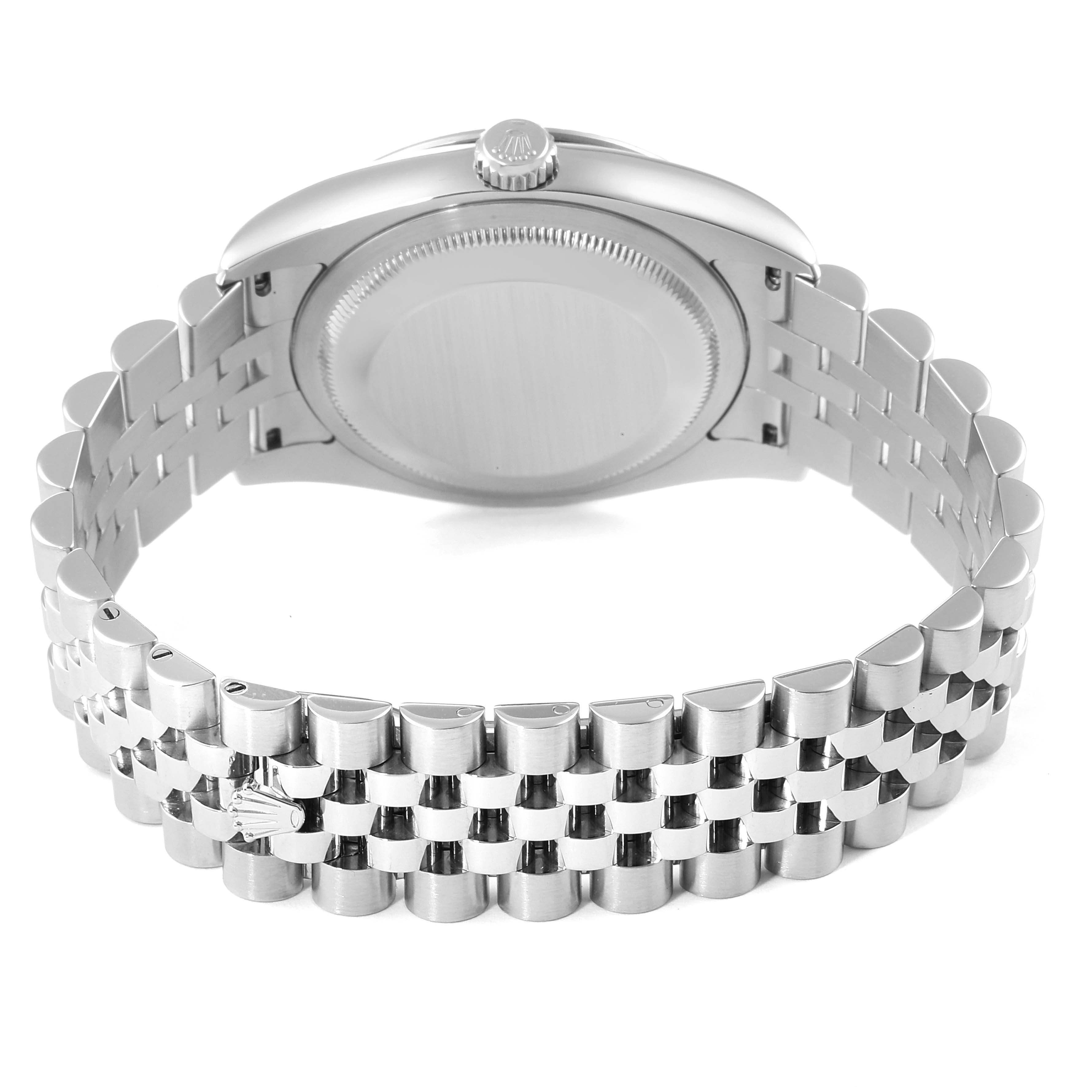 The image shows the back view of a Rolex Turn-o-Graph 116264 Men
s Stainless Steel Black Dial 116264 Men
s Stainless Steel Black Dial watch, highlighting the case back and bracelet.