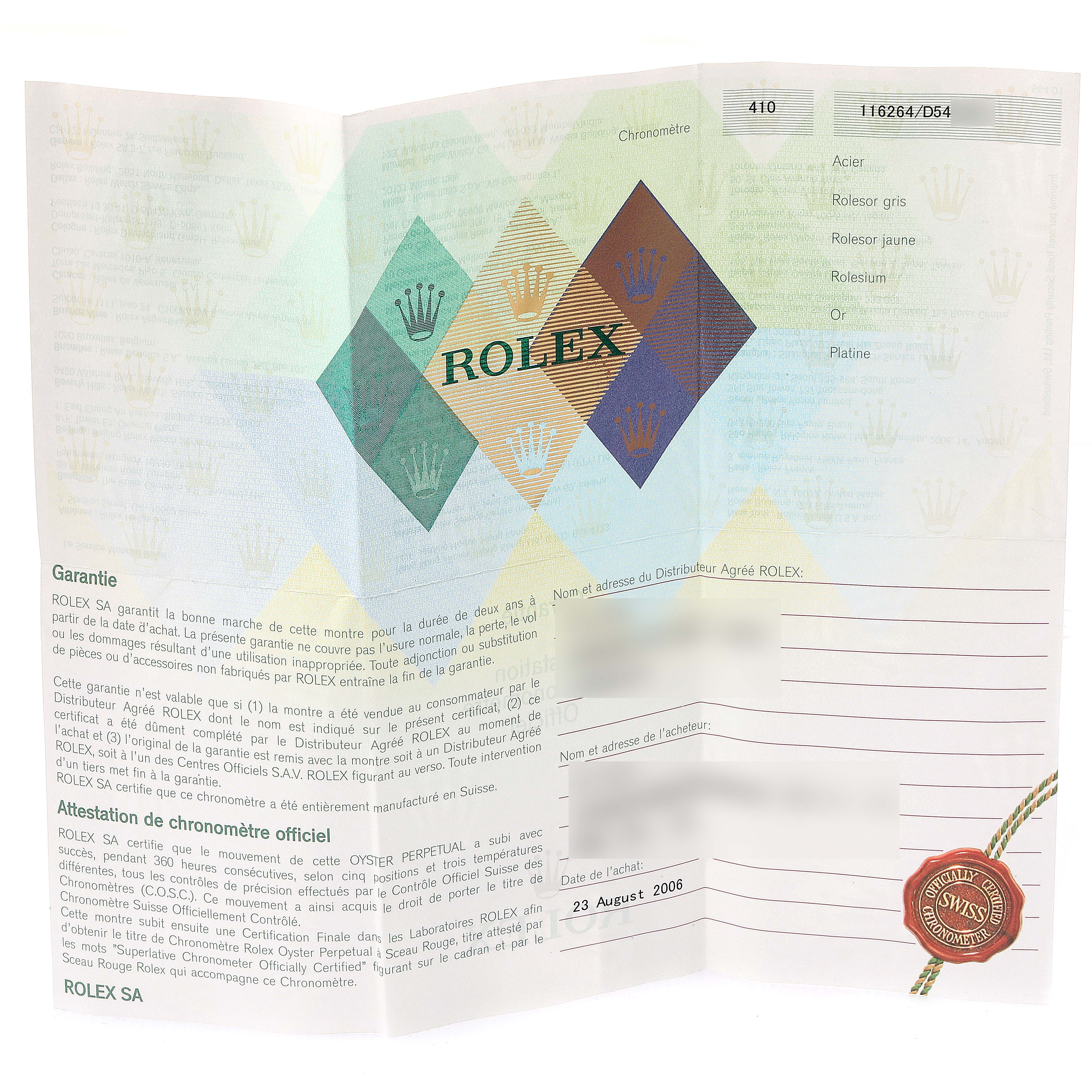 This image shows the warranty and Best Quality
ity certificate for the Rolex Turn-o-Graph 116264 Men
s Stainless Steel Black Dial 116264 Men
s Stainless Steel Black Dial watch from an angled perspective.