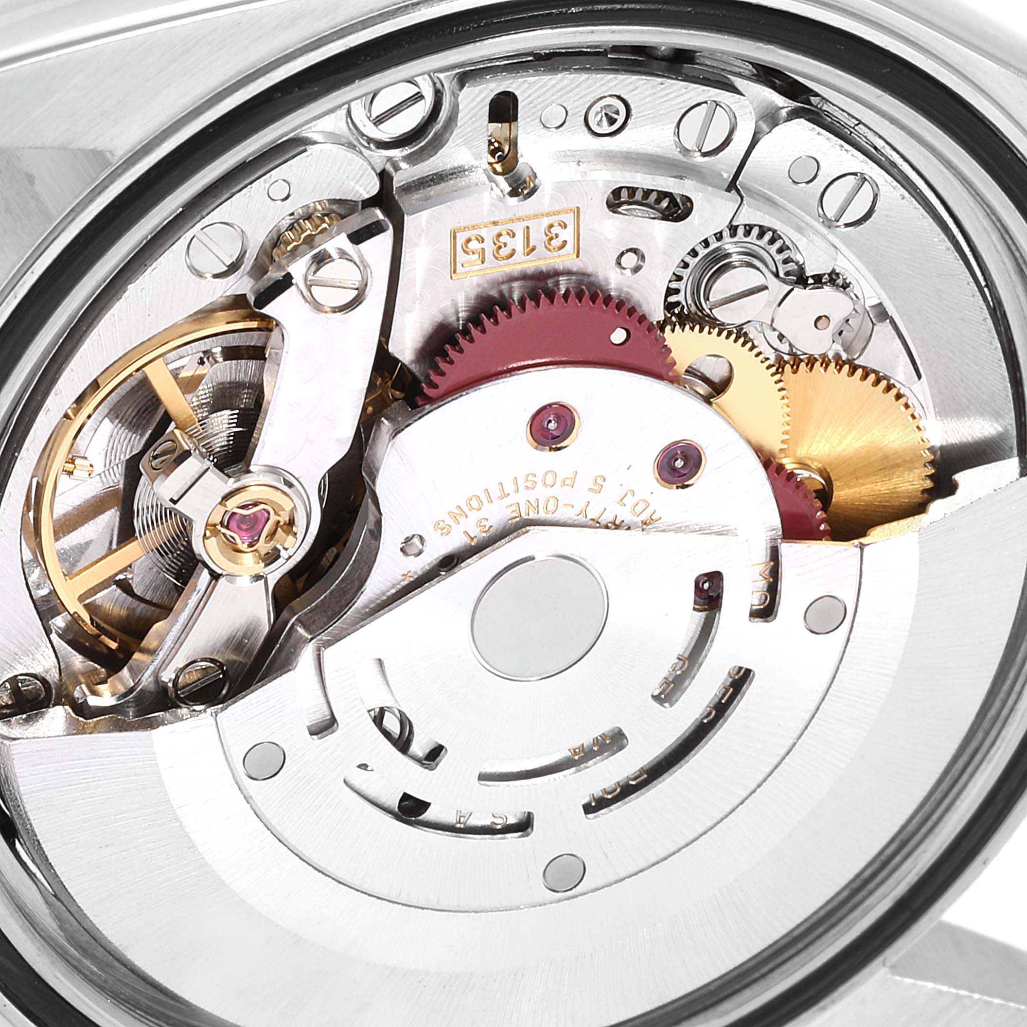 This image shows the inner mechanical movement of a Rolex Datejust 16200 Men's Stainless Steel White Dial 16200 Men's Stainless Steel White Dial watch, viewed from the back.