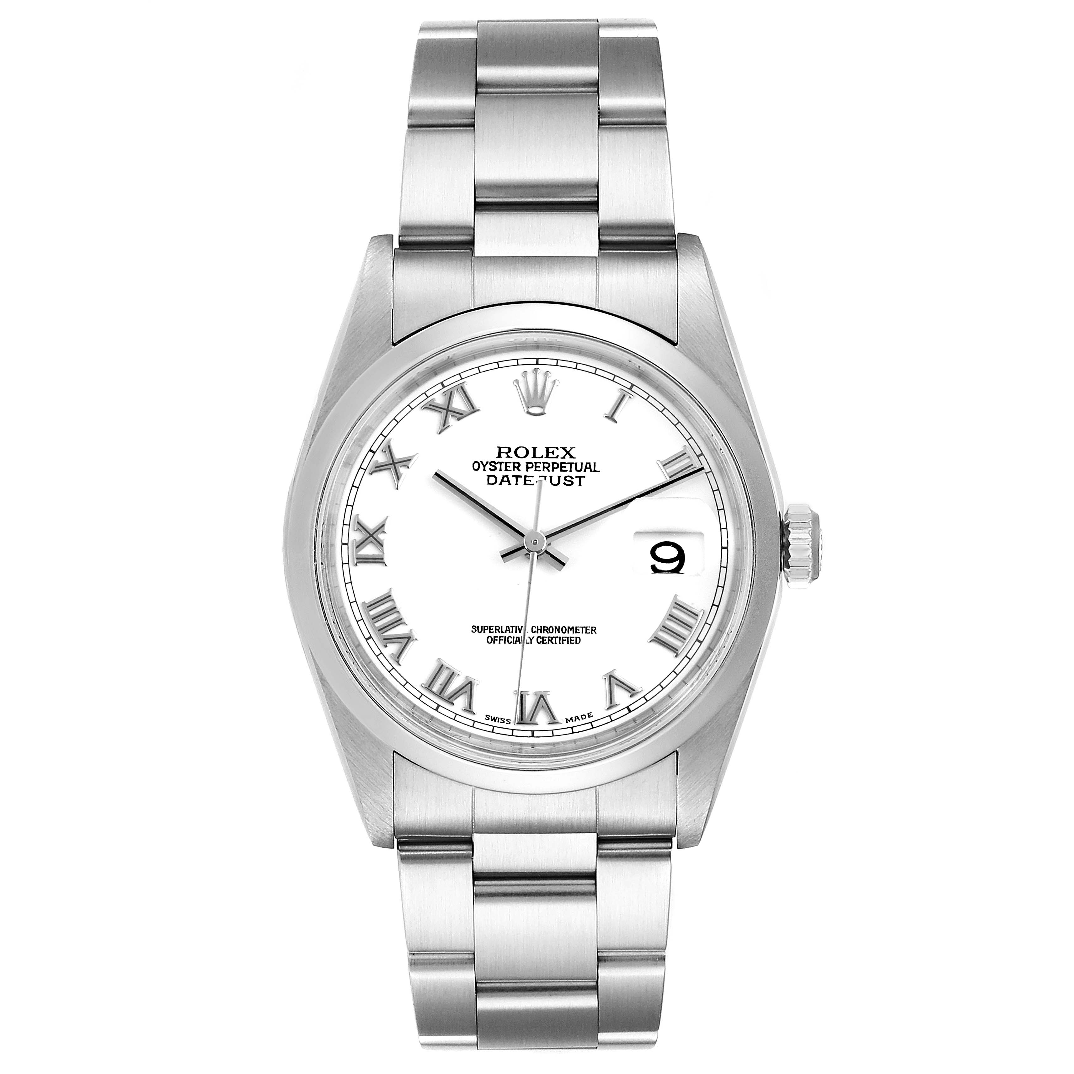 The image shows a front angle view of a Rolex Datejust 16200 Men's Stainless Steel White Dial 16200 Men's Stainless Steel White Dial watch, displaying its face, bezel, and bracelet.