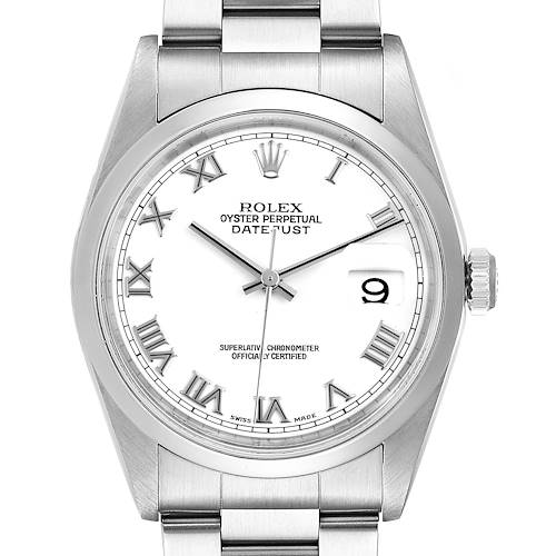 The image shows a front view of the Rolex Datejust watch, highlighting the dial, hands, date window, case, and part of the bracelet.