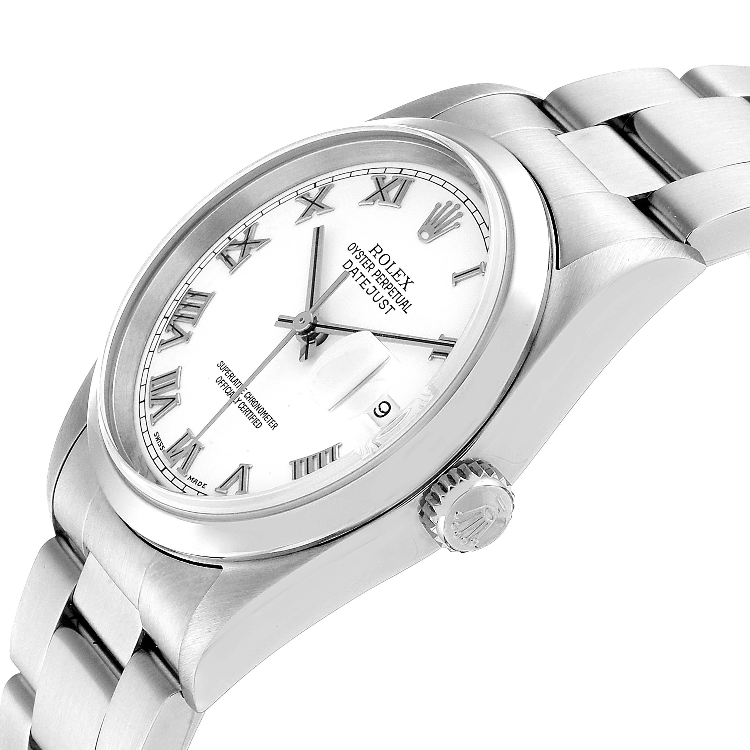 This image shows a side view of the Rolex Datejust 16200 Men's Stainless Steel White Dial 16200 Men's Stainless Steel White Dial watch, highlighting the crown, bracelet, case, and part of the dial with Roman numerals.