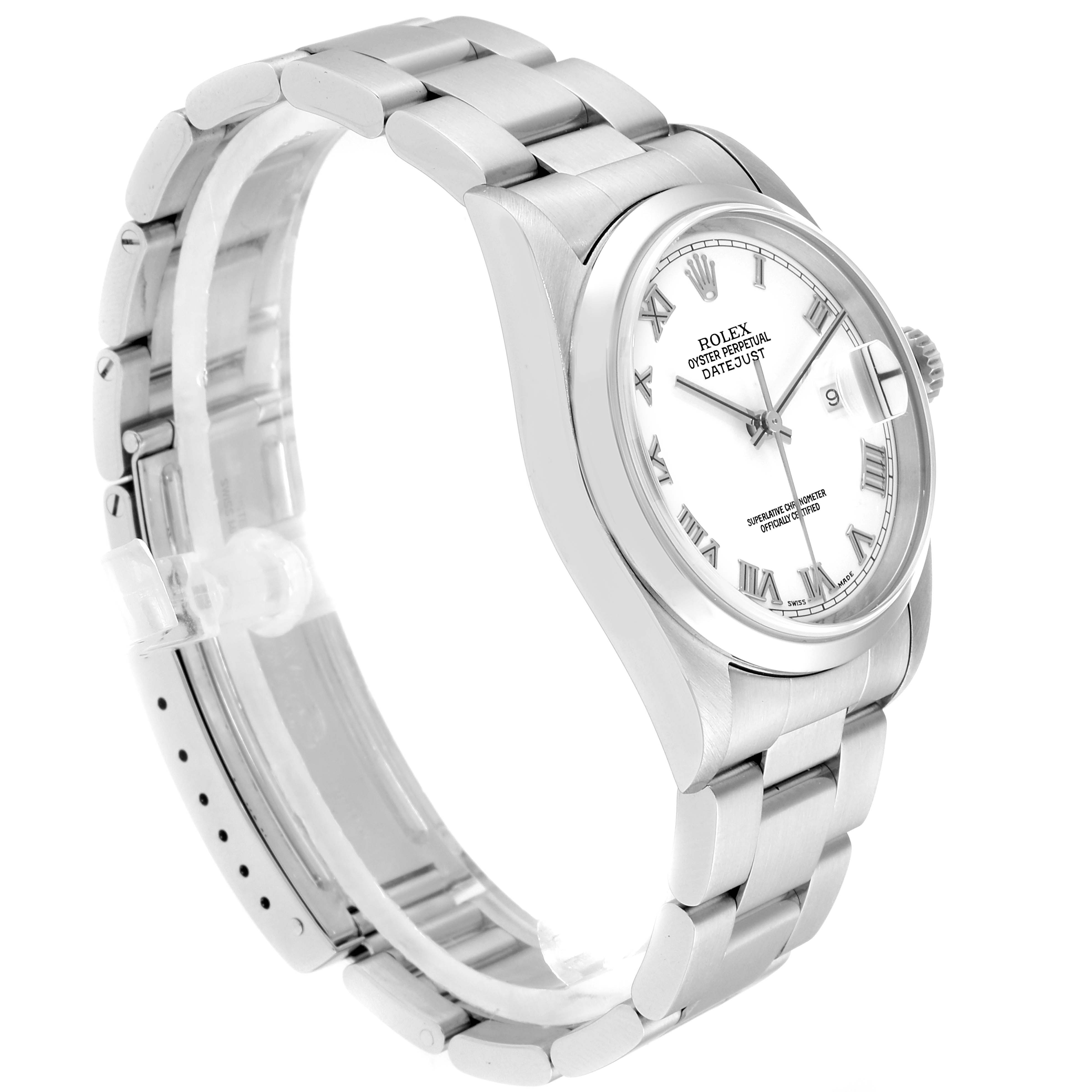 The image shows a side angle of a Rolex Datejust 16200 Men's Stainless Steel White Dial 16200 Men's Stainless Steel White Dial watch, highlighting the bracelet, case, dial, and Roman numeral hour markers.