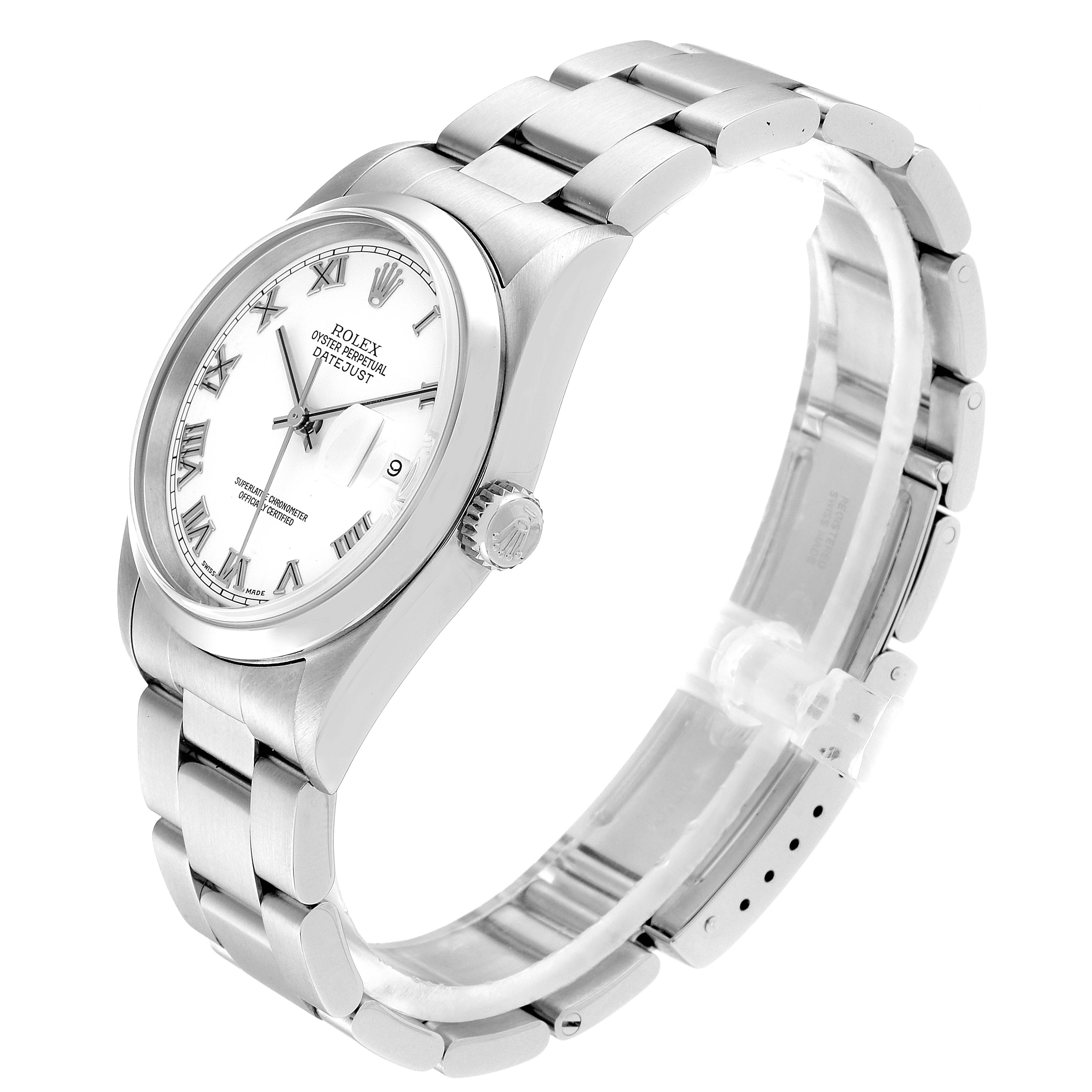 The image shows a side angle view of a Rolex Datejust 16200 Men's Stainless Steel White Dial 16200 Men's Stainless Steel White Dial watch, showcasing its face, bezel, and bracelet.