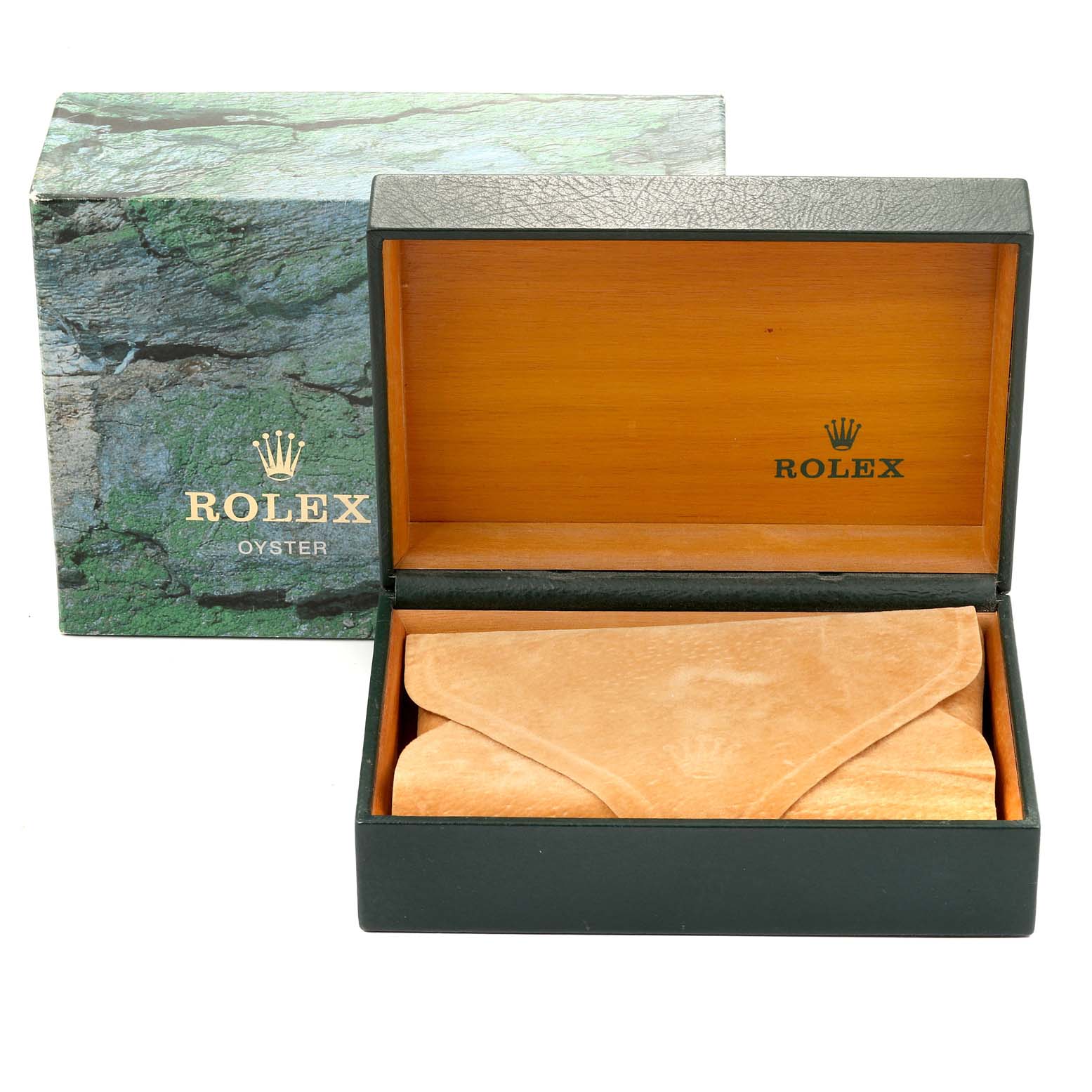 This image shows a Rolex Datejust 16200 Men's Stainless Steel White Dial 16200 Men's Stainless Steel White Dial watch box and an inner suede pouch from a front angle.