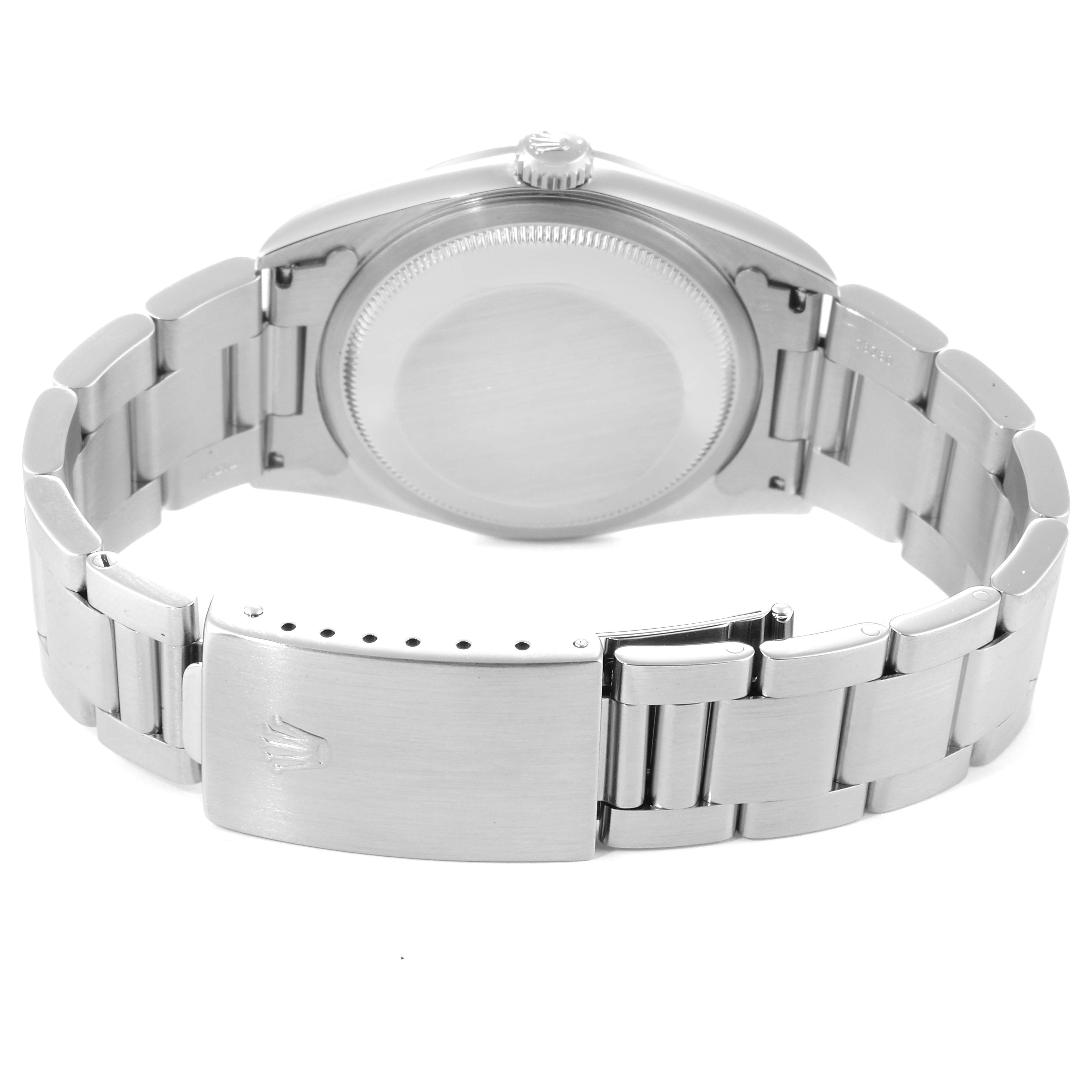 The image shows the back and clasp of a Rolex Datejust 16200 Men's Stainless Steel White Dial 16200 Men's Stainless Steel White Dial watch, including the case back and the bracelet.